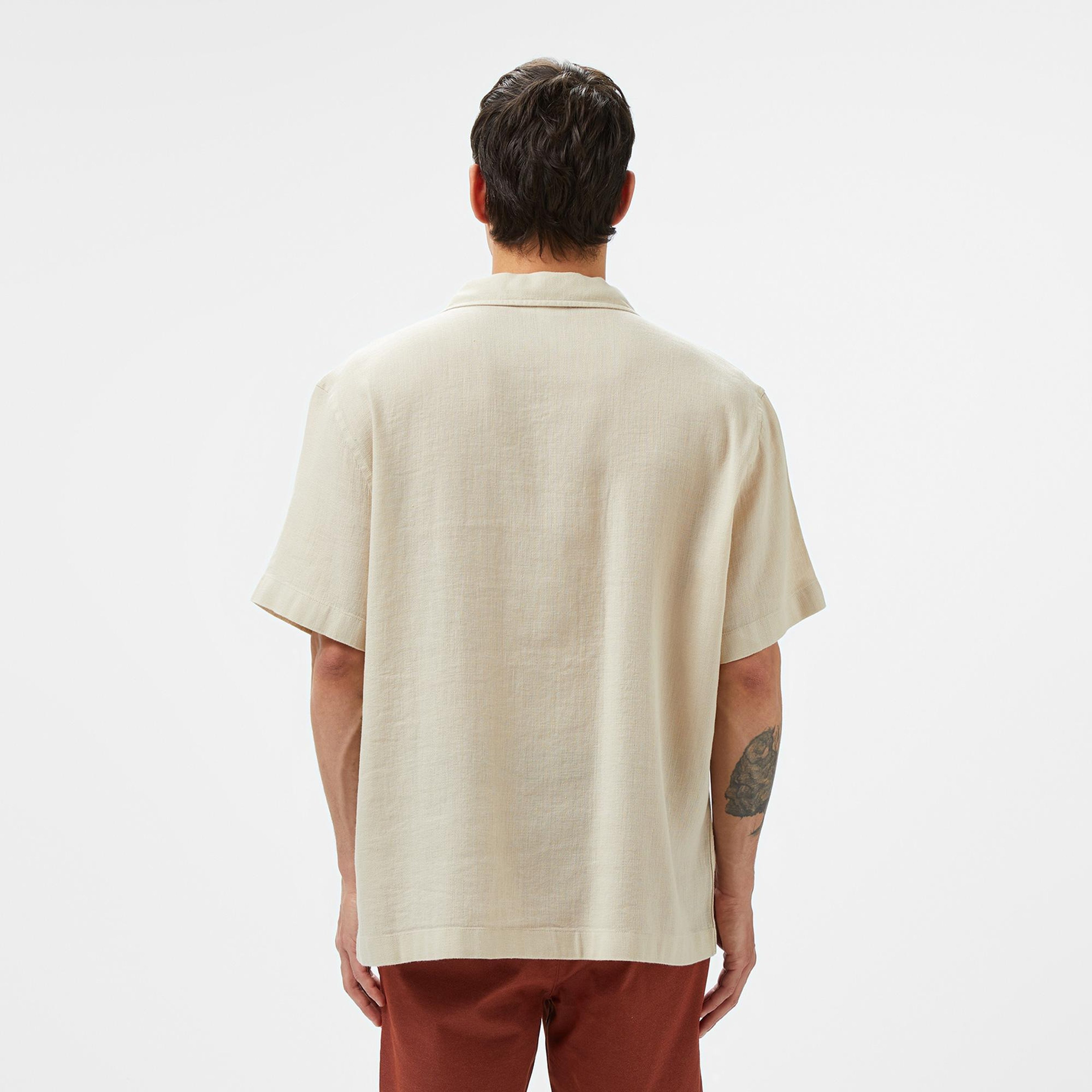 Erkek Relaxed Fit Kısa Kollu Bej Keten Karışımlı Gömlek