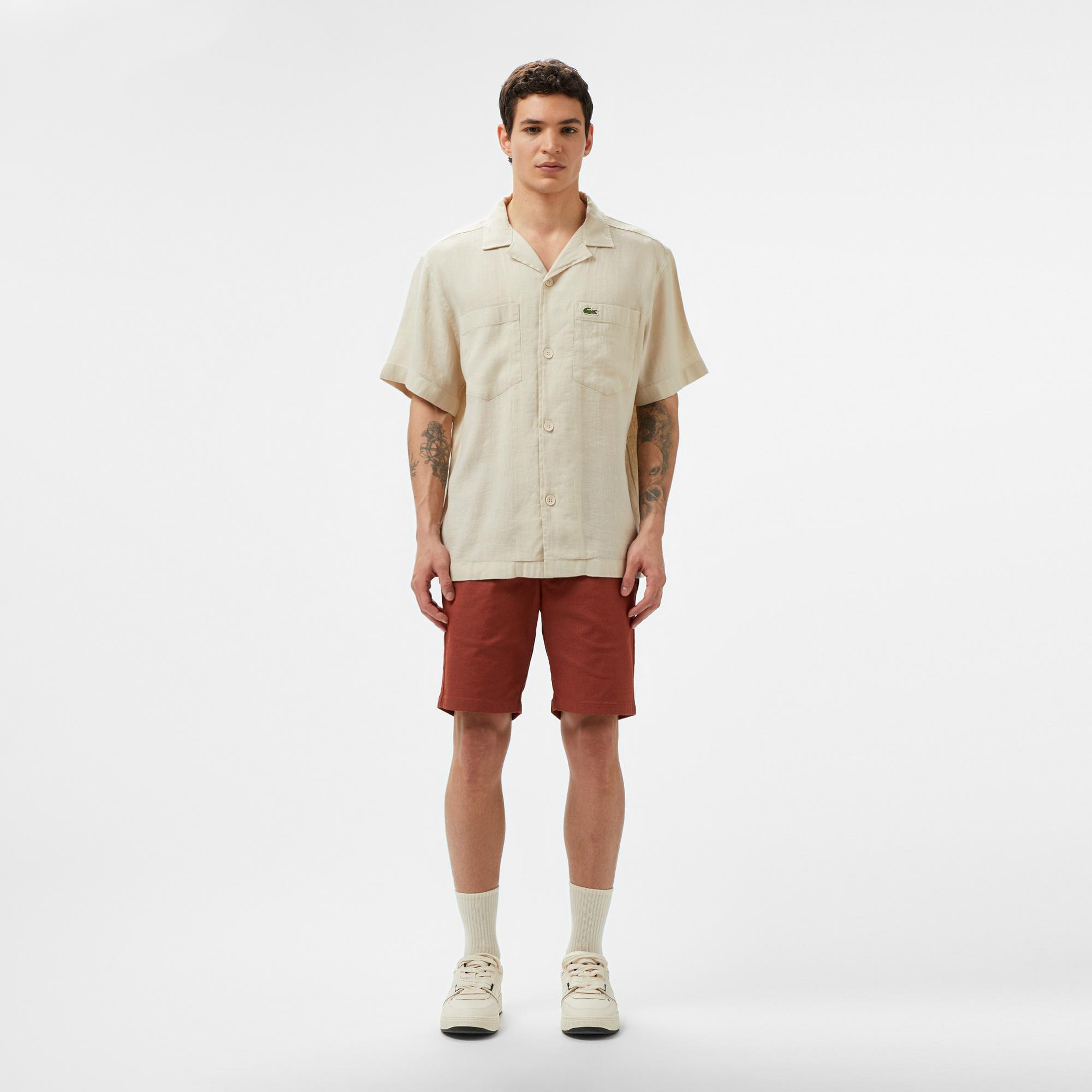 Erkek Relaxed Fit Kısa Kollu Bej Keten Karışımlı Gömlek