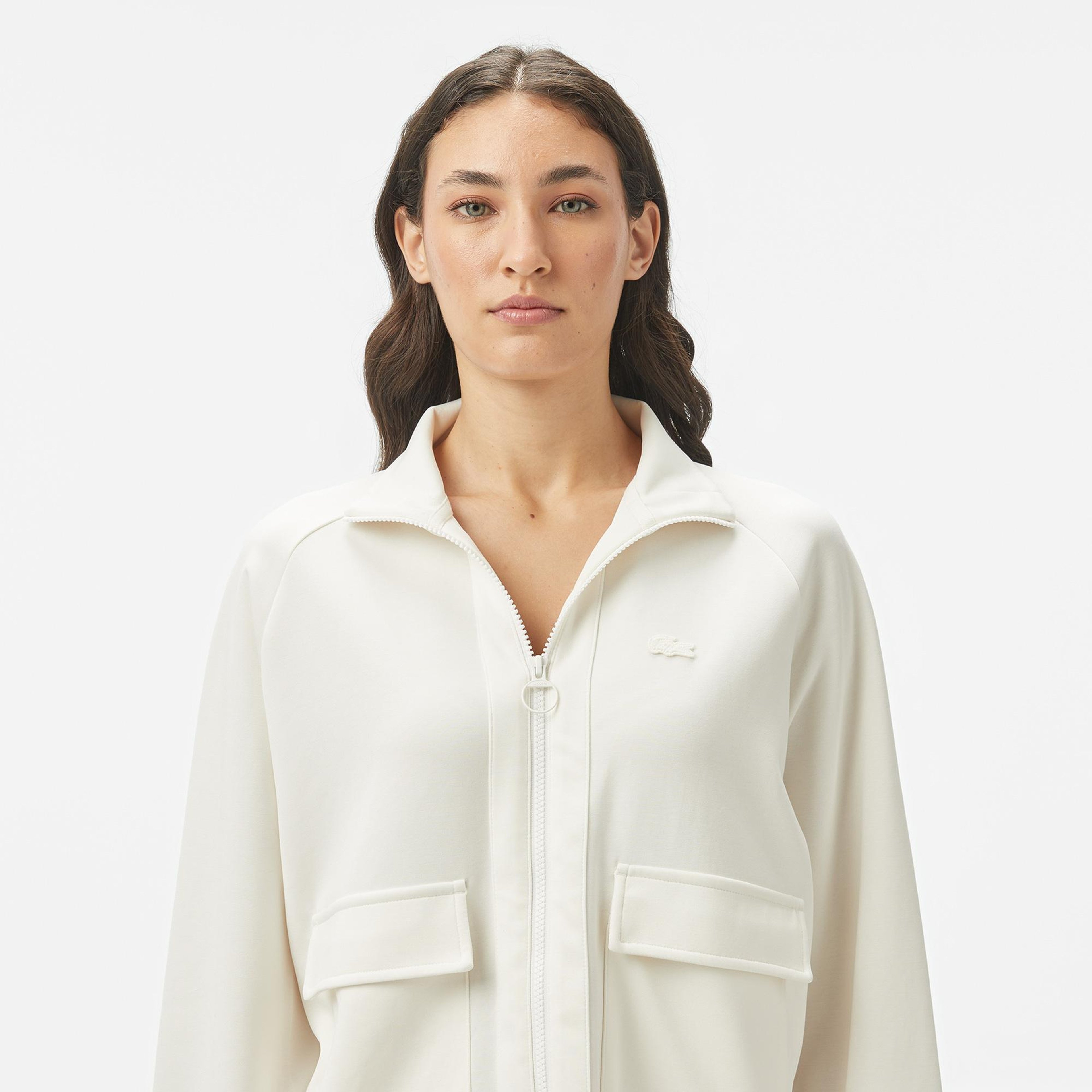 Kadın Loose Fit Fermuarlı Beyaz Modal Karışımlı Sweatshirt