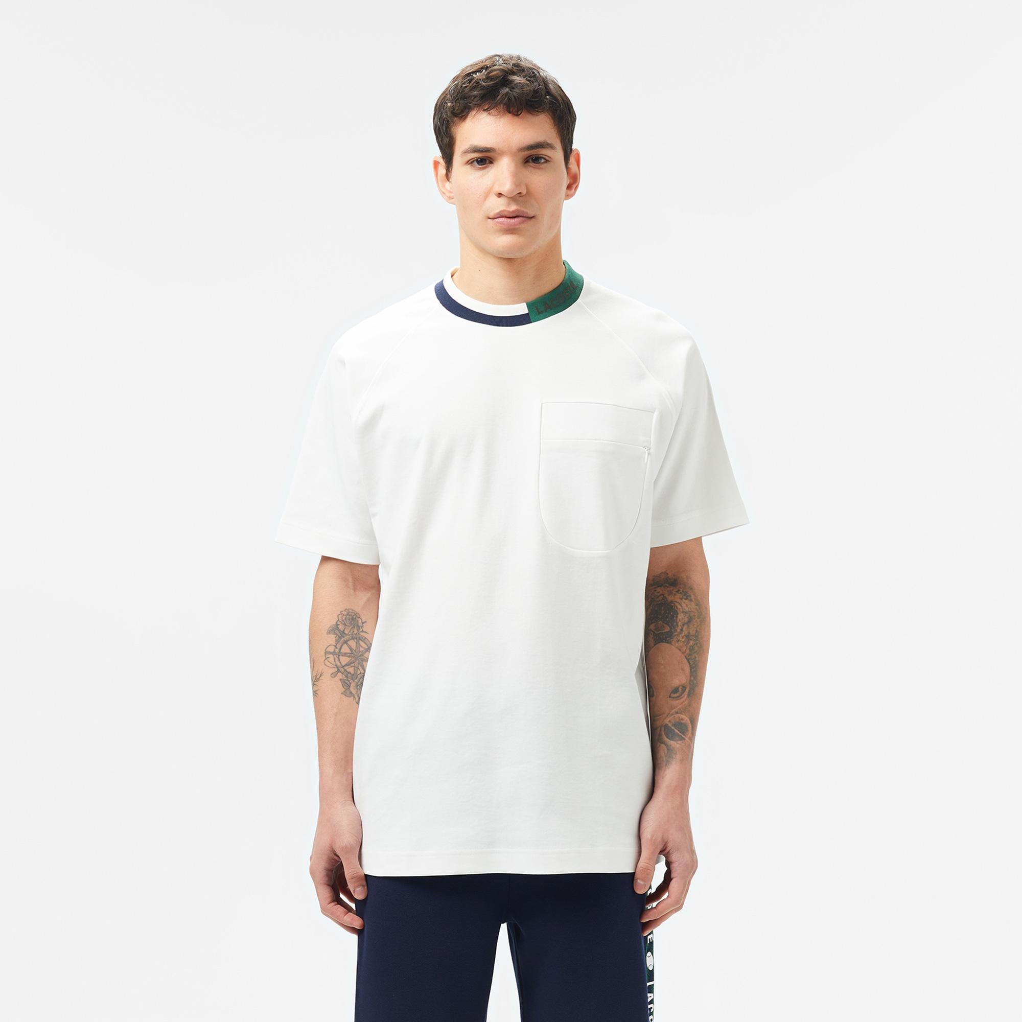 Erkek Bisiklet Yaka Beyaz Cepli Modal Karışımlı T-Shirt