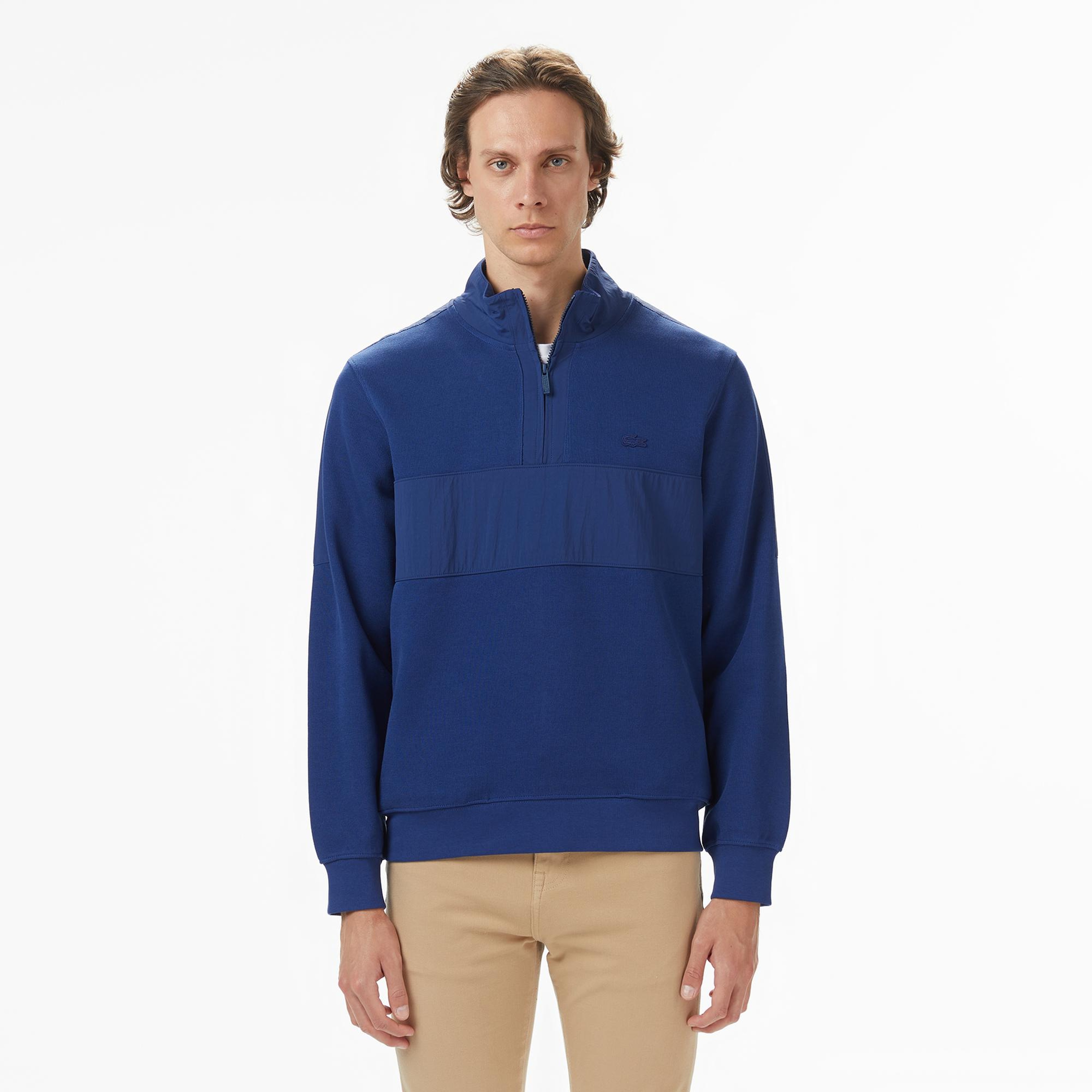 Lacoste Erkek Yarım Fermuarlı Renk Bloklu Lacivert Sweatshirt