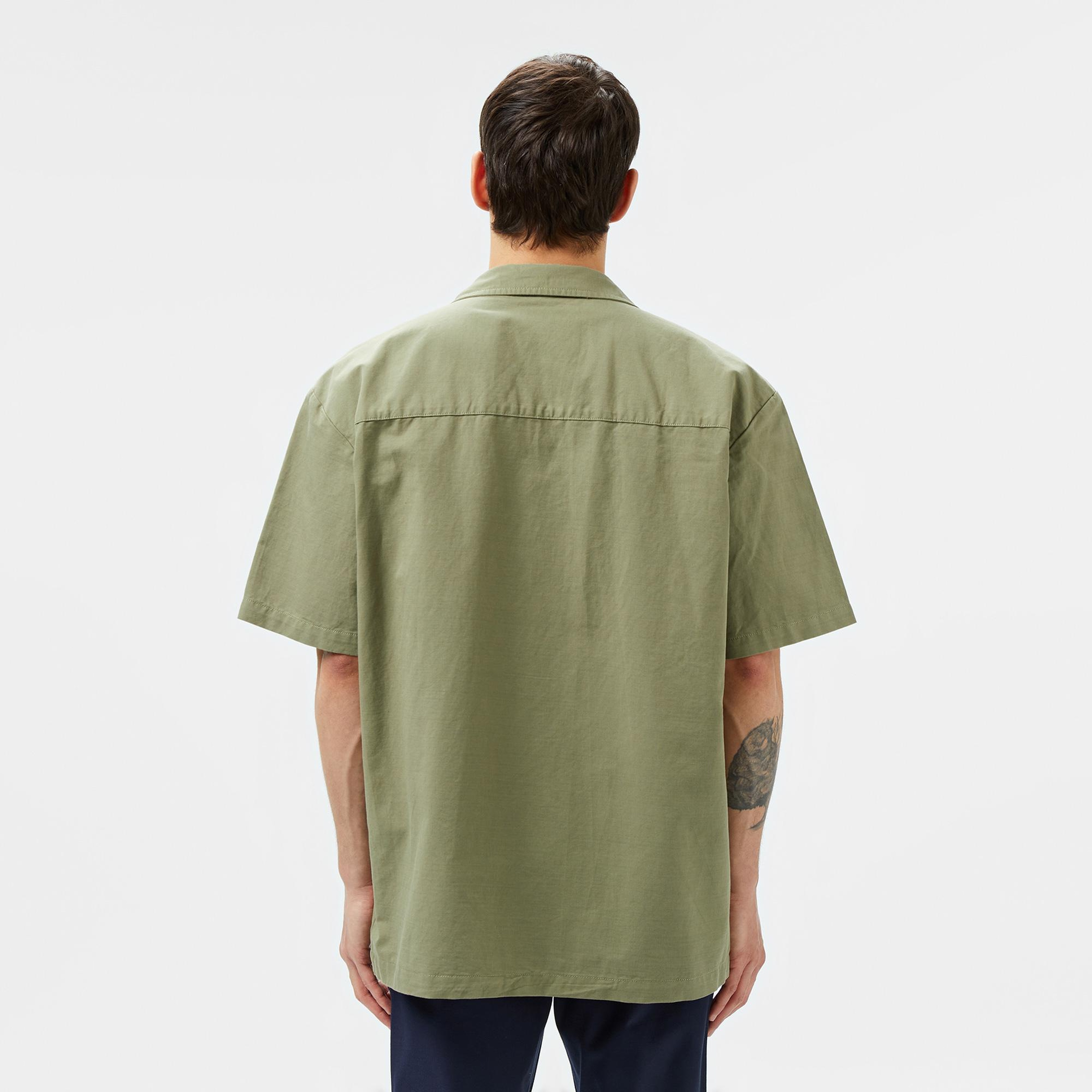 Erkek Relaxed Fit Kısa Kollu Haki Keten Karışımlı Gömlek