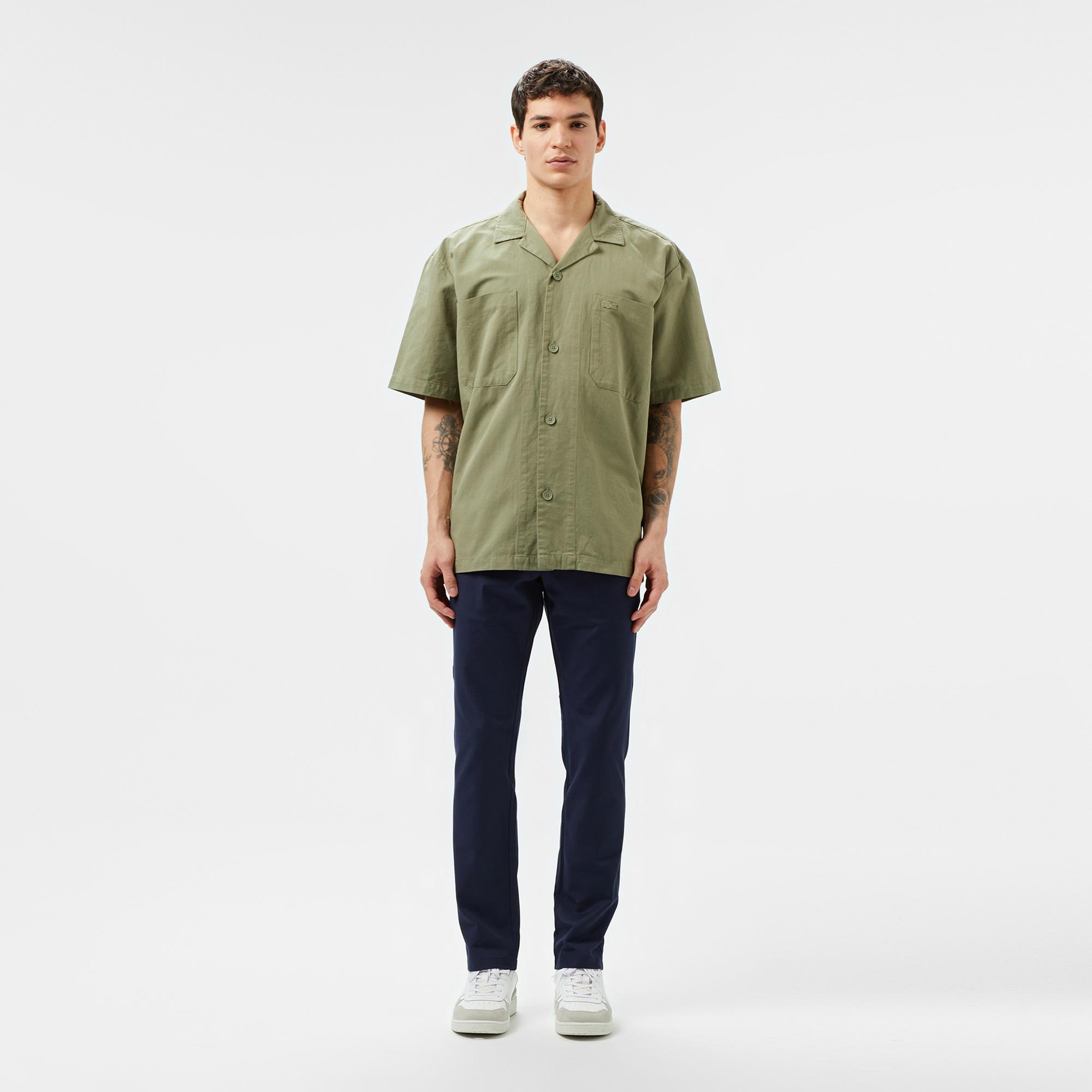 Erkek Relaxed Fit Kısa Kollu Haki Keten Karışımlı Gömlek