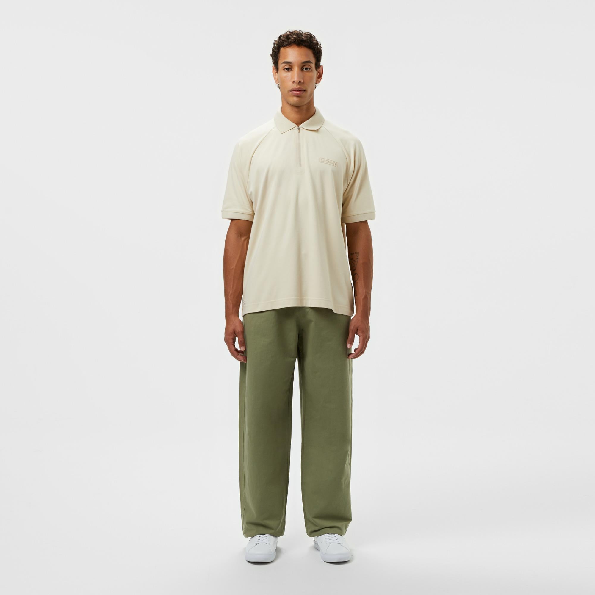 Erkek Oversize Fit Yarım Fermuarlı Bej Polo