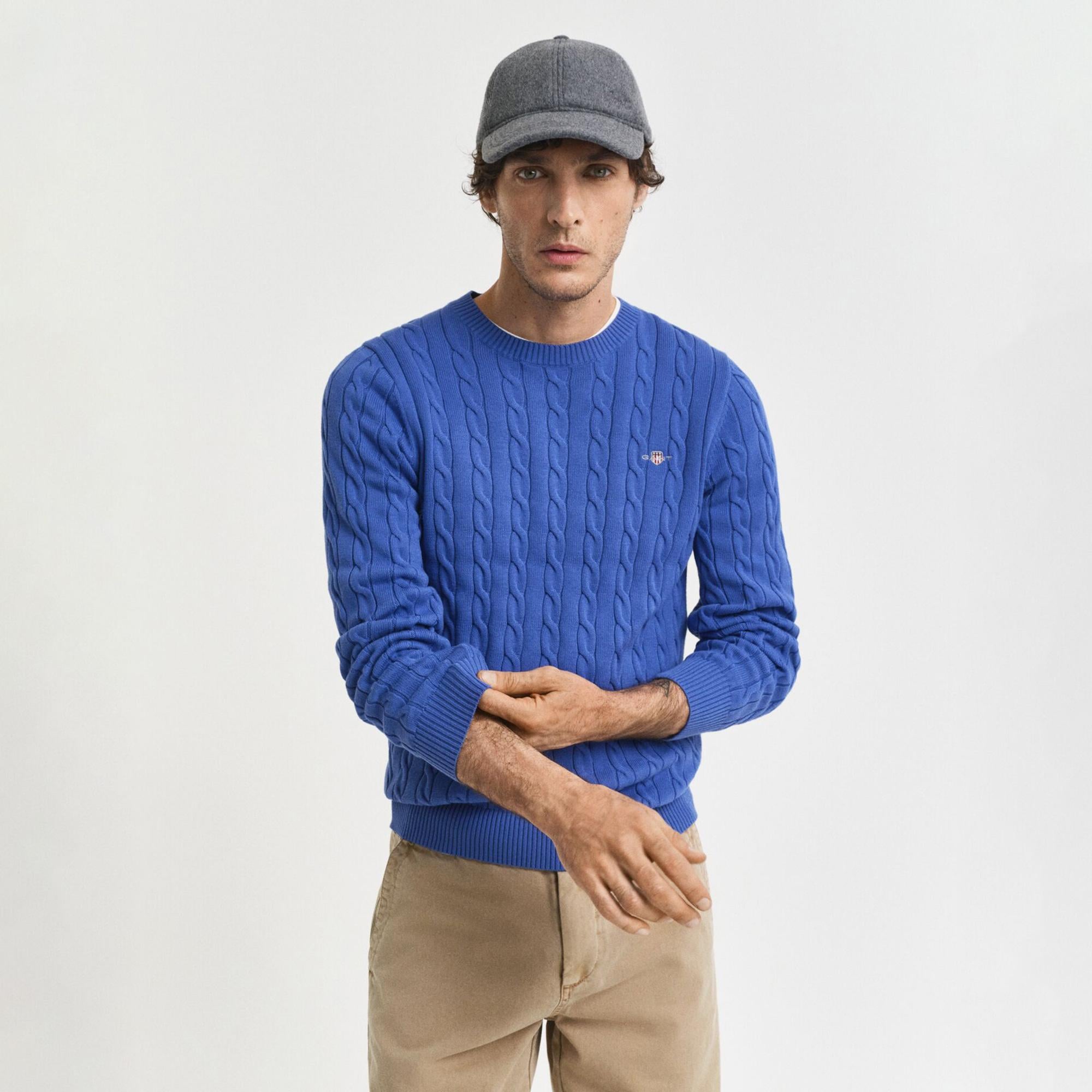 GANT Erkek Mavi Regular Fit Bisiklet Yaka Örgü Kazak