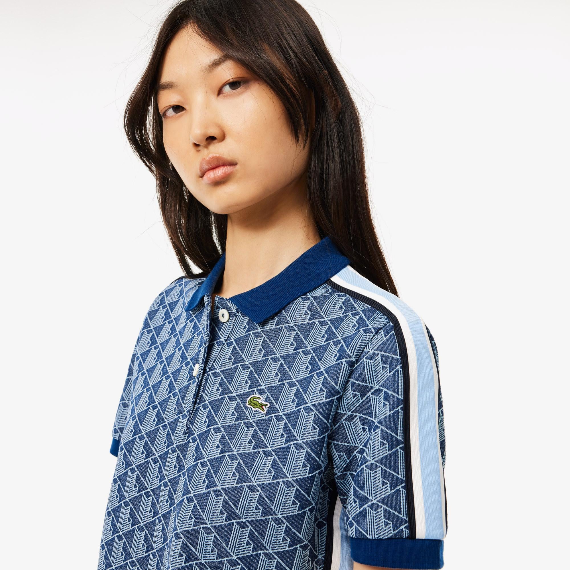 Kadın Slim Fit Monogram Koyu Mavi Polo