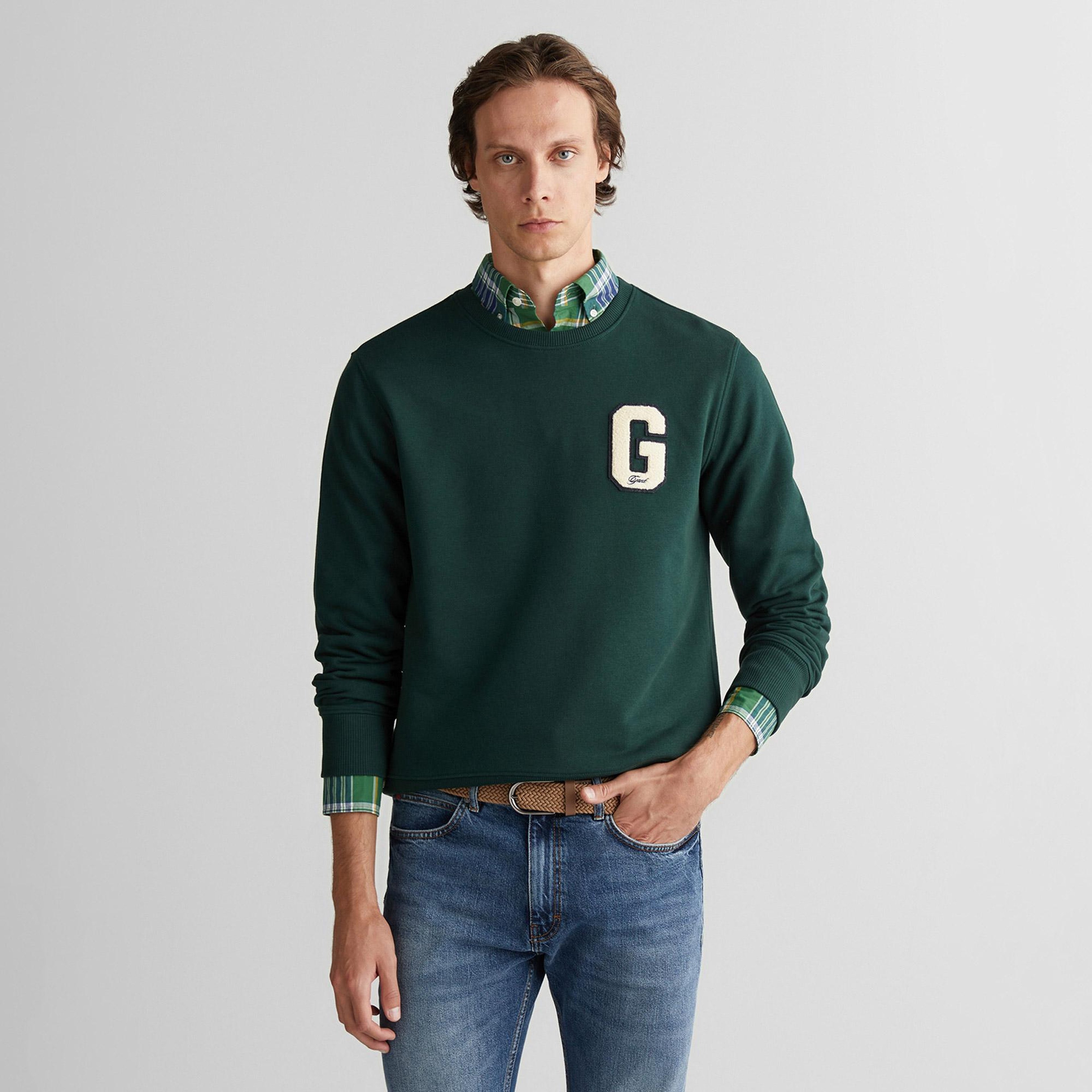 GANT Erkek Yeşil Regular Fit Bisiklet Yaka Logolu Sweatshirt
