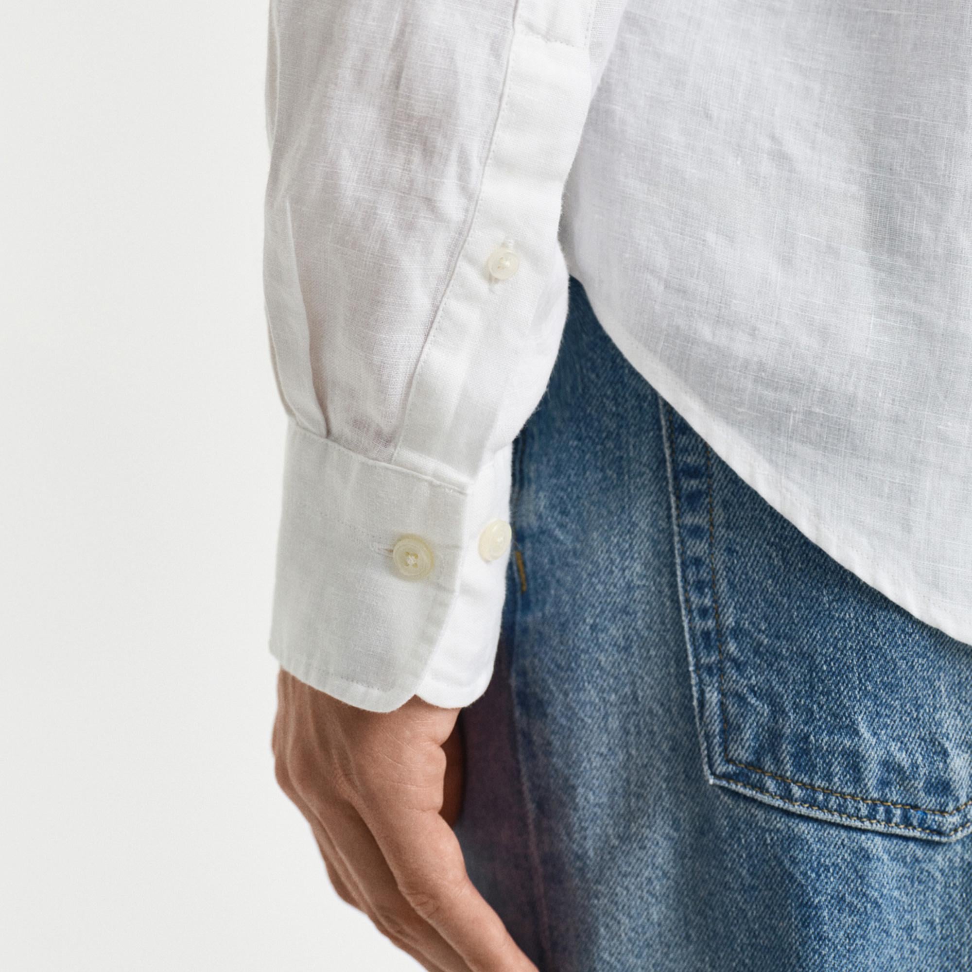 GANT Erkek Beyaz Regular Fit Düğmeli Yaka Keten Gömlek
