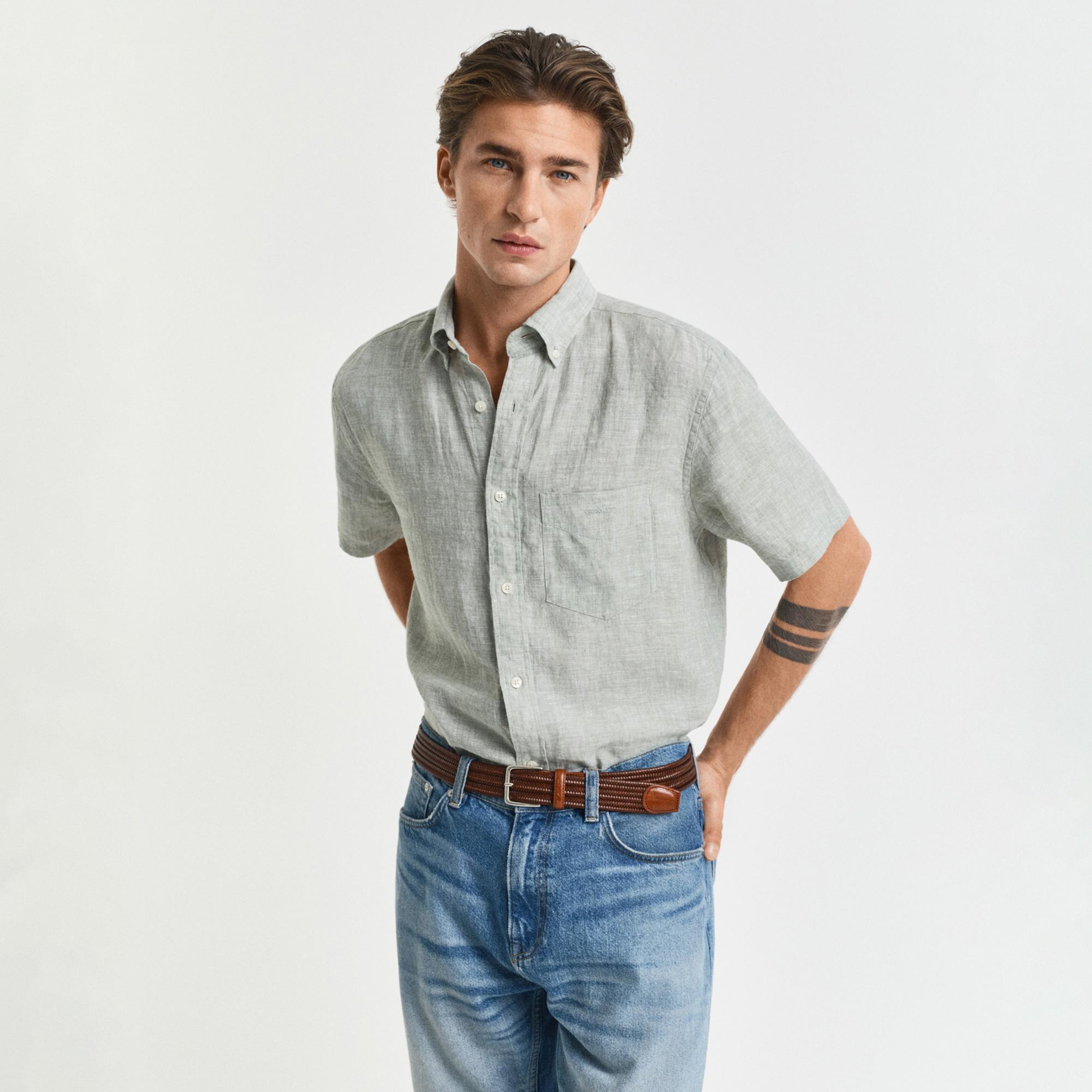 GANT Erkek Yeşil Regular Fit Düğmeli Yaka Keten Gömlek