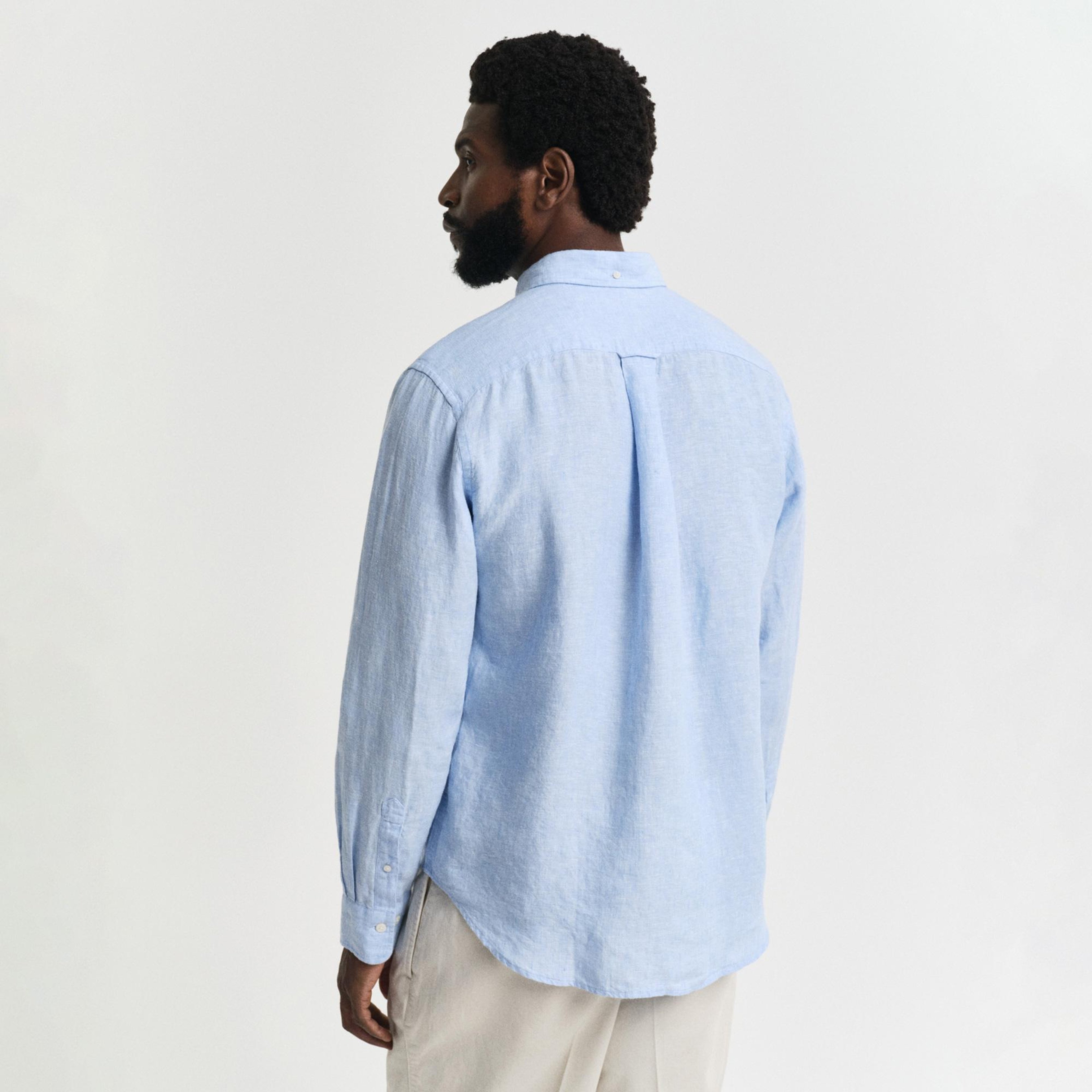 GANT Erkek Mavi Regular Fit Düğmeli Yaka Keten Gömlek