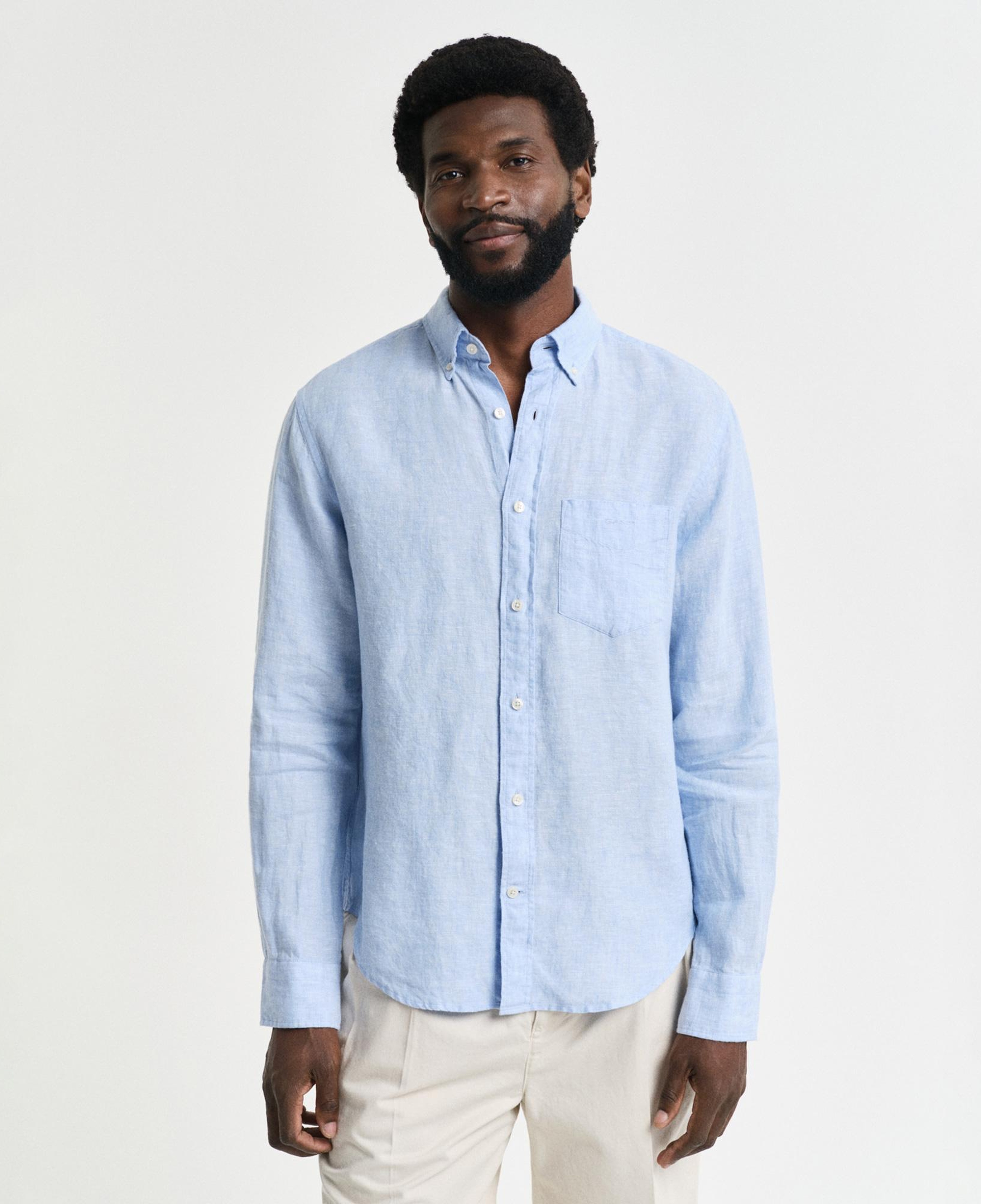 GANT Erkek Mavi Regular Fit Düğmeli Yaka Keten Gömlek