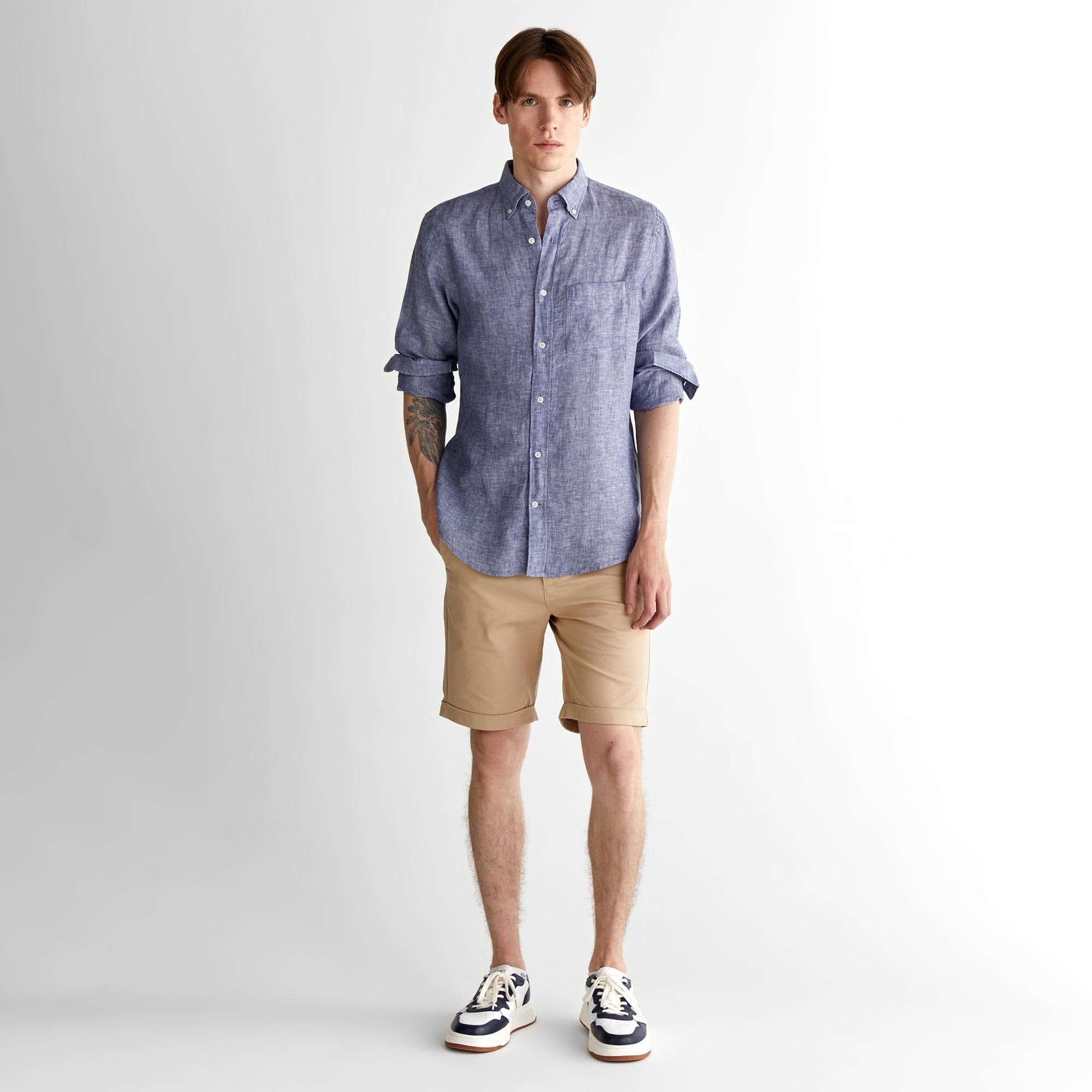 GANT Erkek Mavi Regular Fit Düğmeli Yaka Keten Gömlek