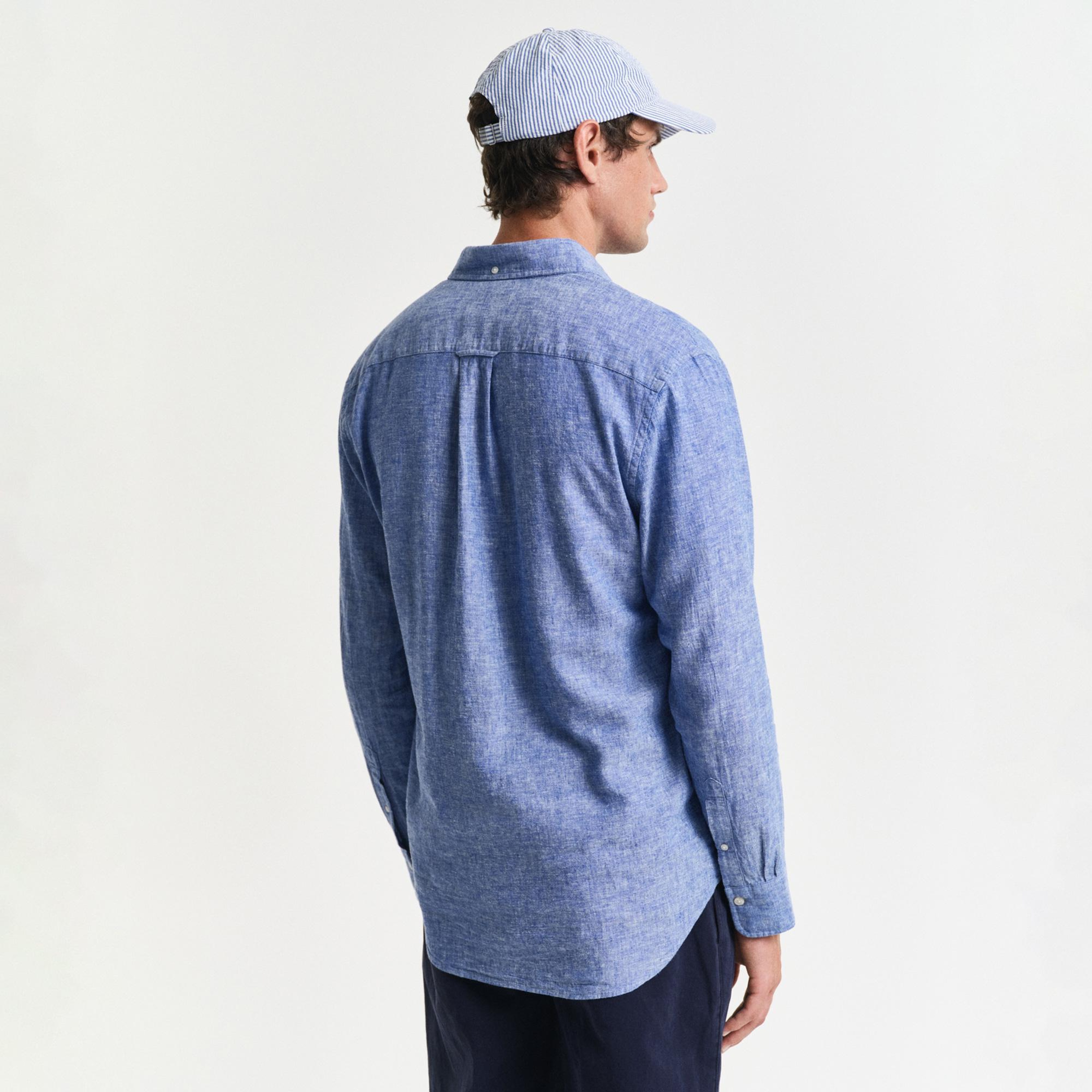 GANT Erkek Lacivert Regular Fit Düğmeli Yaka Keten Gömlek