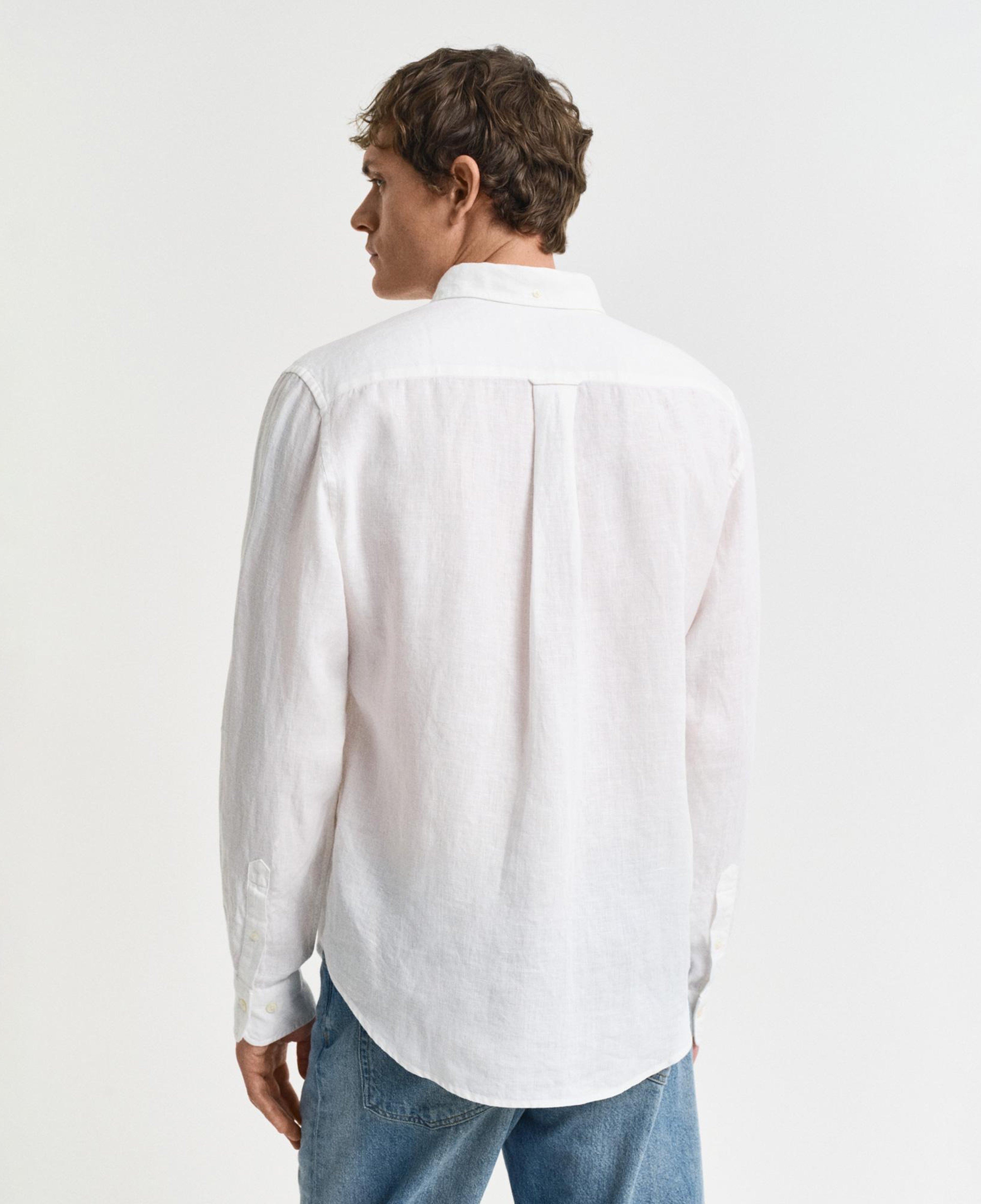 GANT Erkek Beyaz Regular Fit Düğmeli Yaka Keten Gömlek