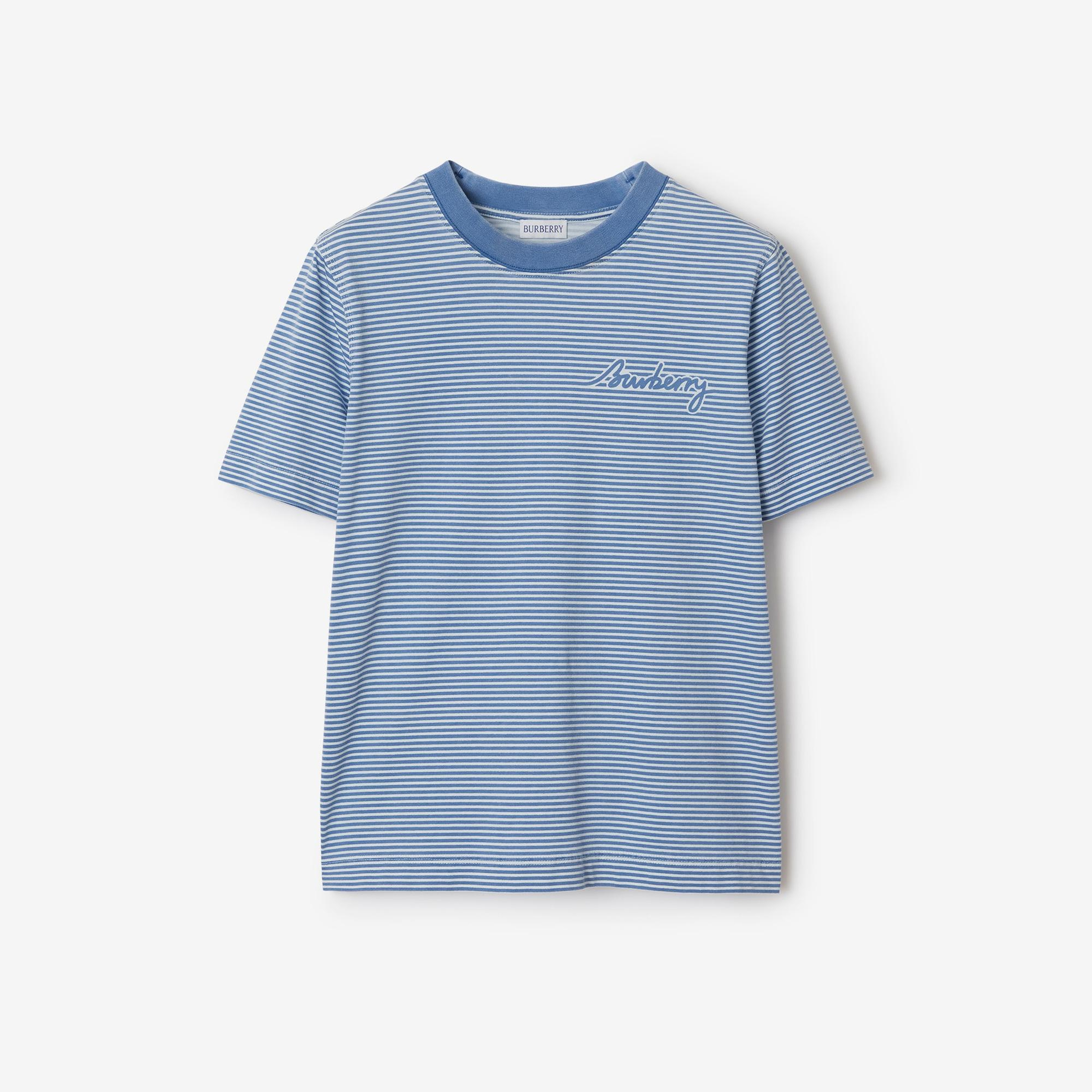 Burberry For Striped Cotton Kadın Mavi T-Shirt