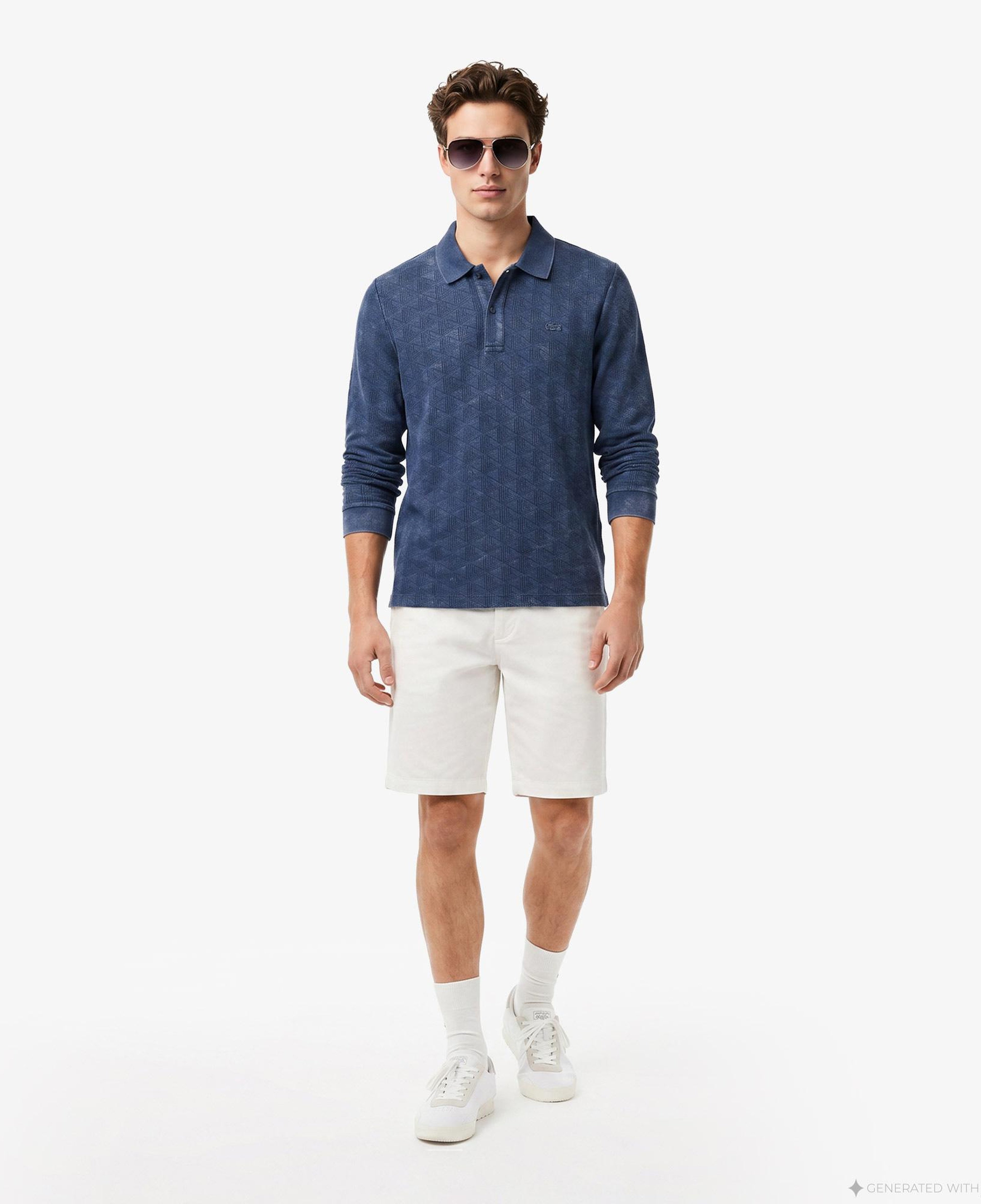 Erkek Regular Fit Uzun Kollu Monogram Lacivert Polo