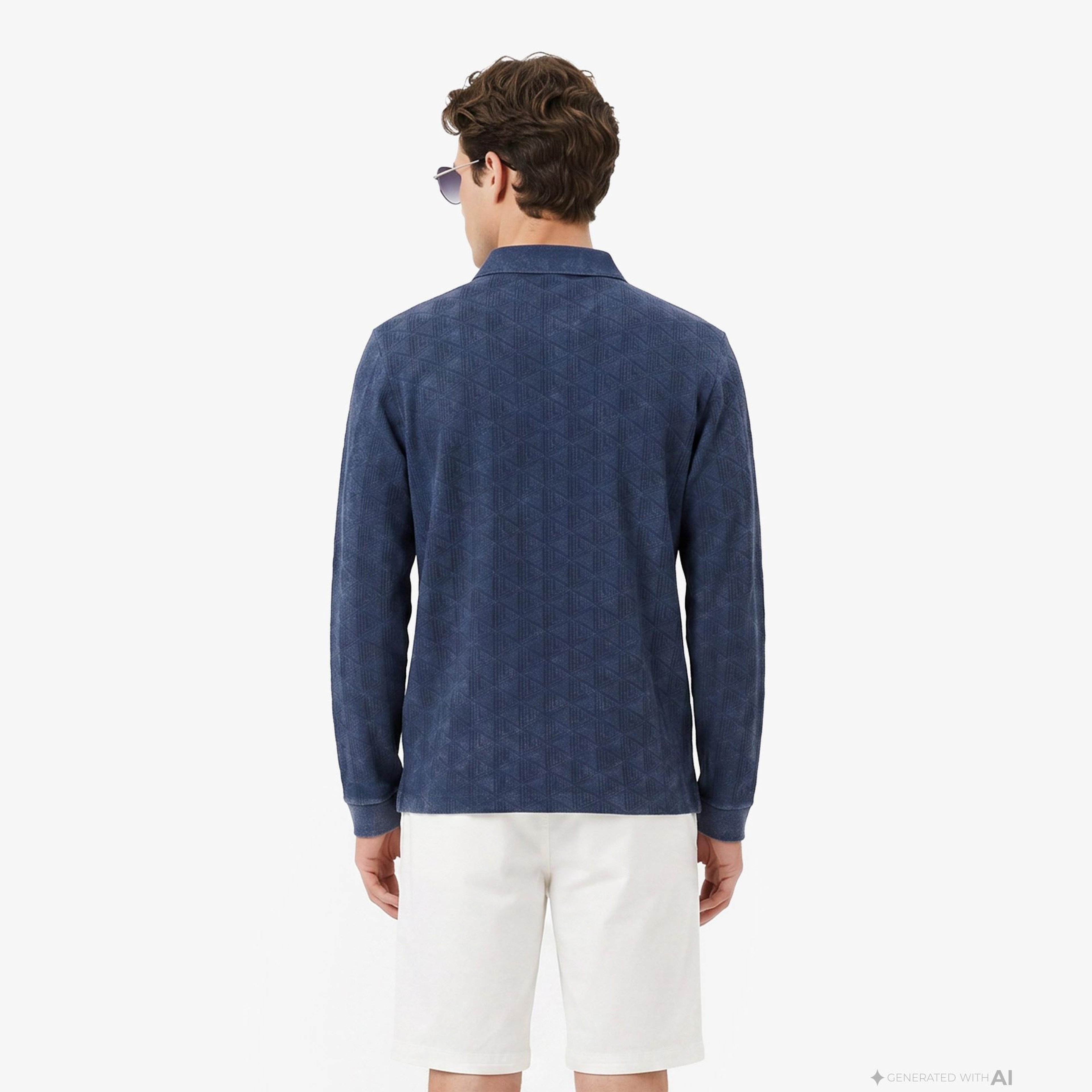 Erkek Regular Fit Uzun Kollu Monogram Lacivert Polo