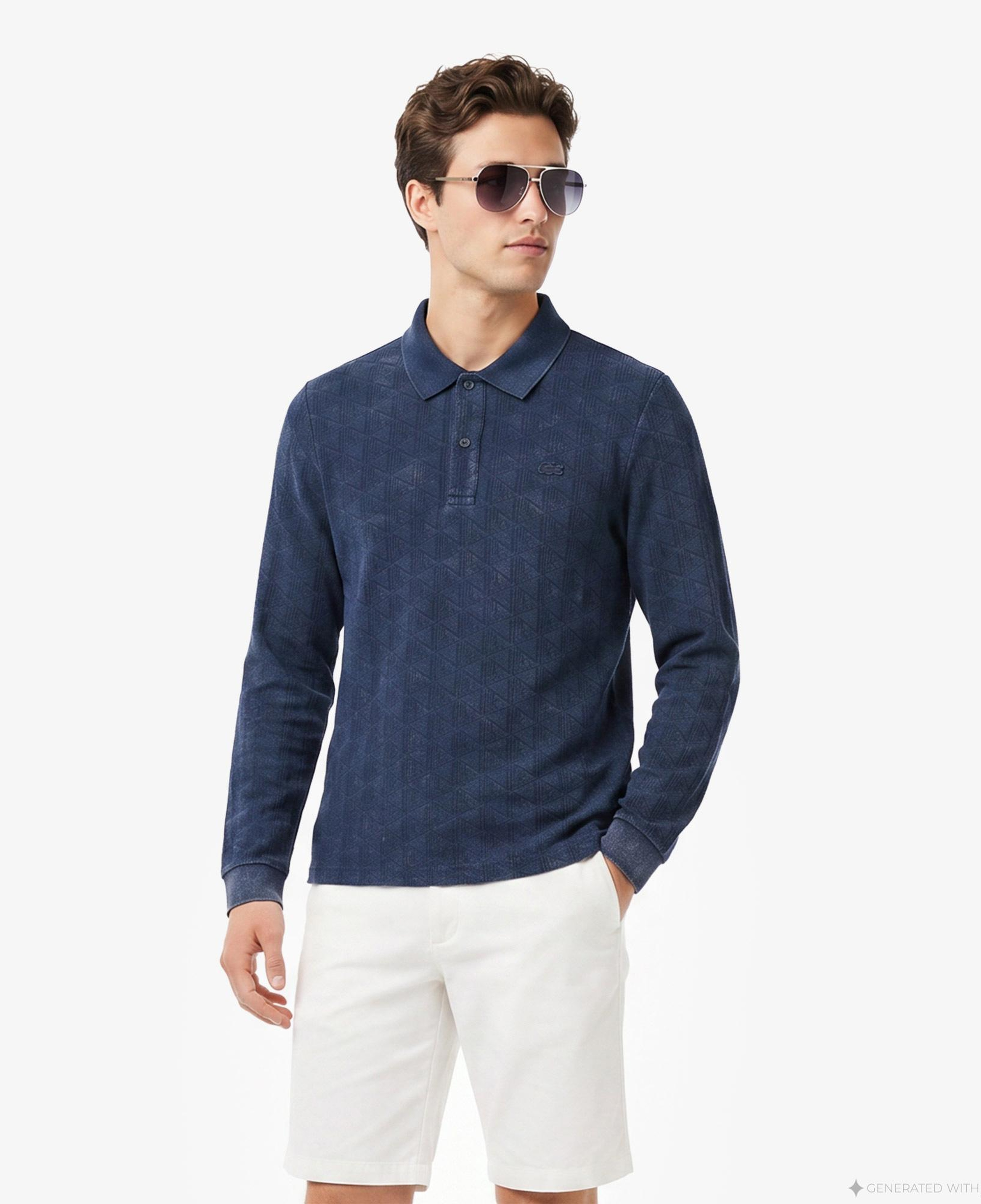 Erkek Regular Fit Uzun Kollu Monogram Lacivert Polo
