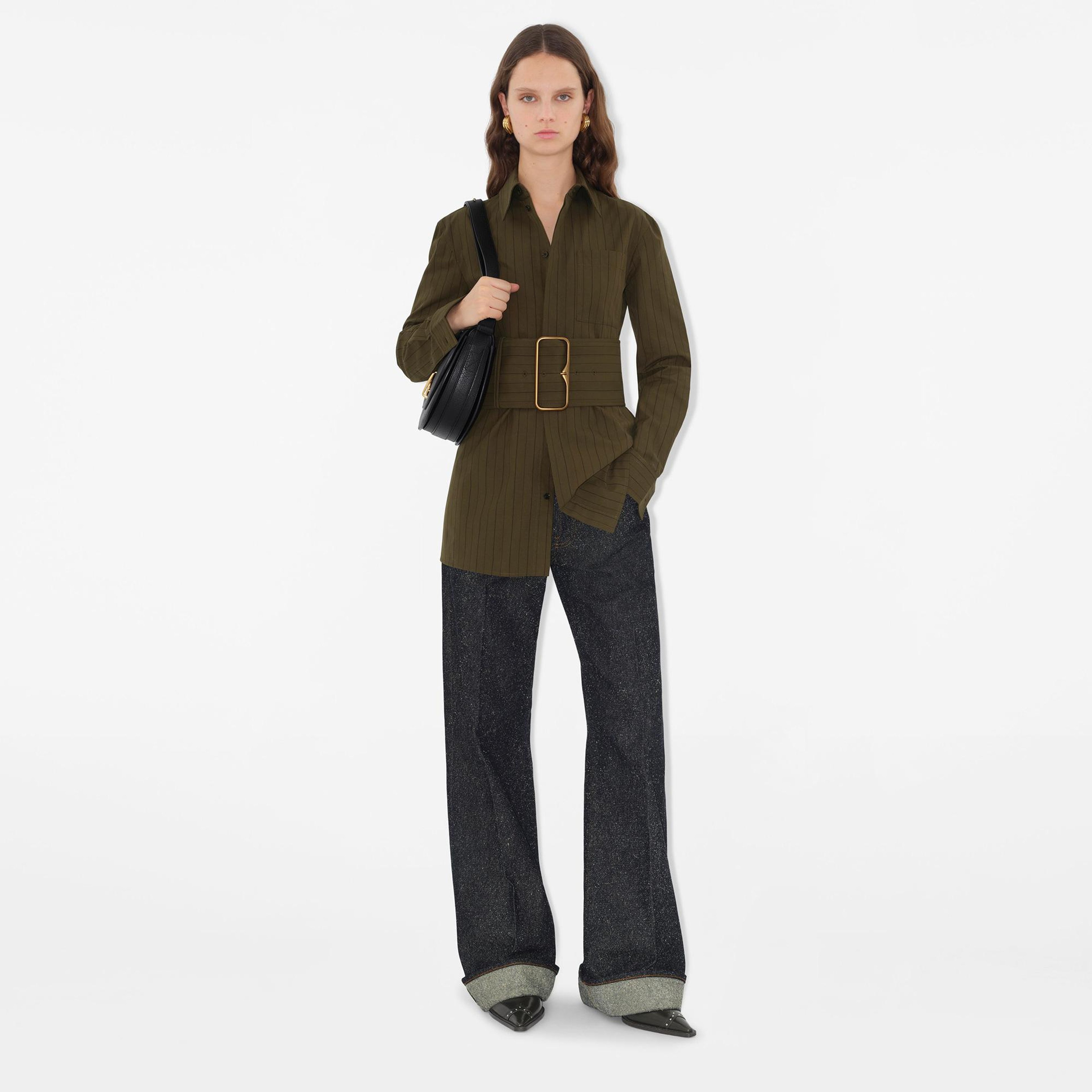 Burberry Ros Regular Fit Striped Cotton Kadın Haki Gömlek