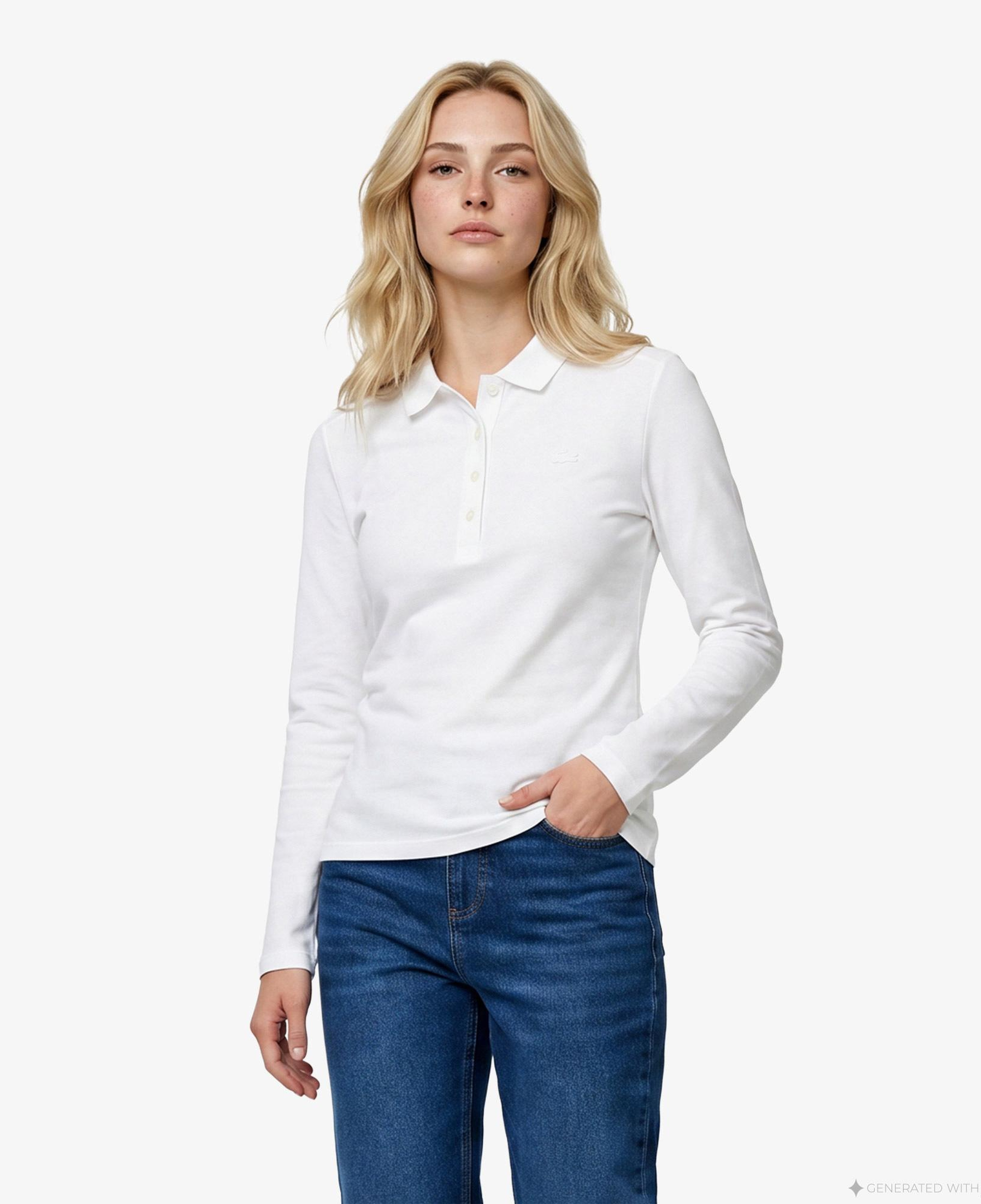Lacoste Kadın Slim Fit Uzun Kollu Beyaz Polo