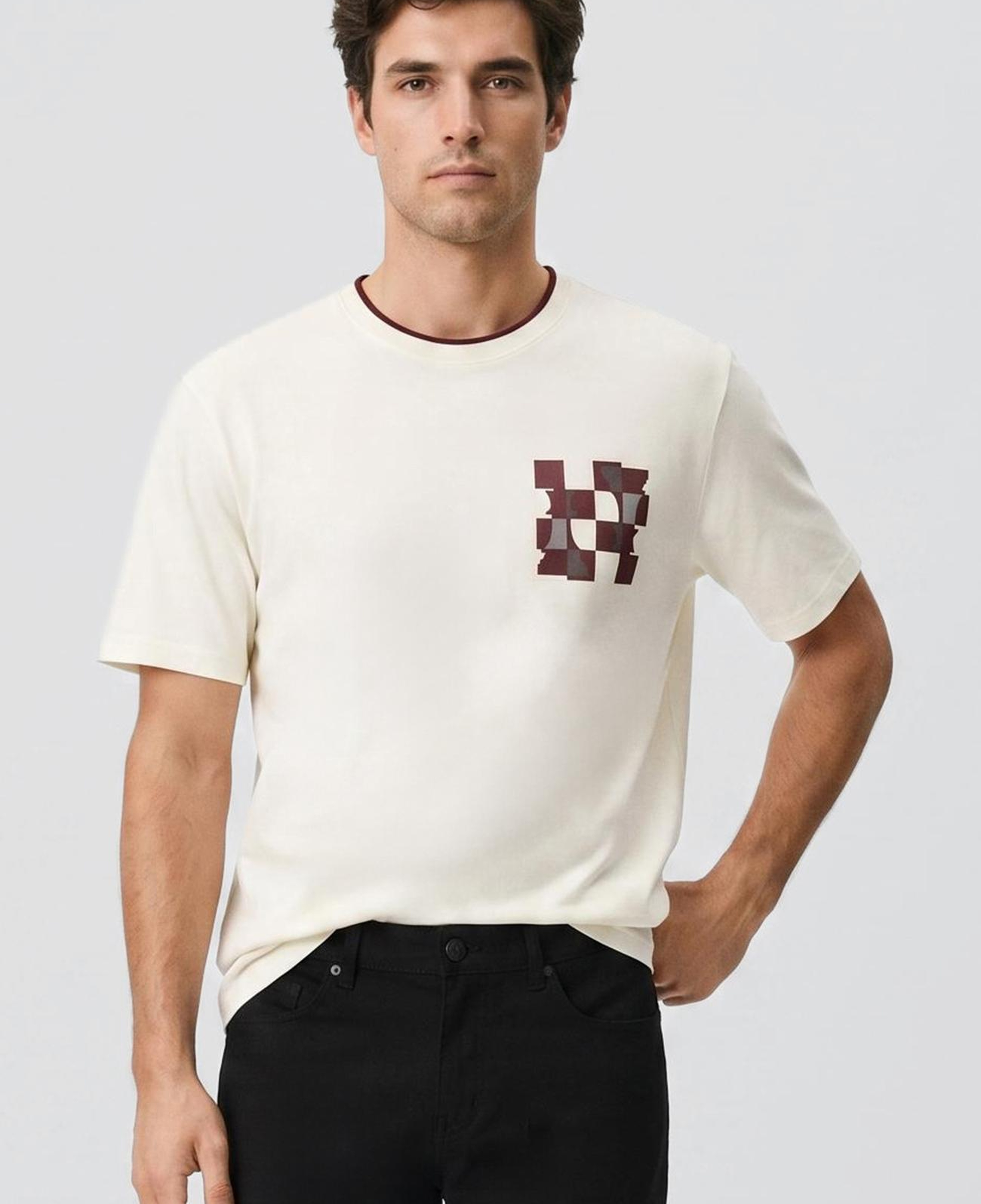 Network Erkek Kırık Beyaz Satranç Baskılı T-shirt