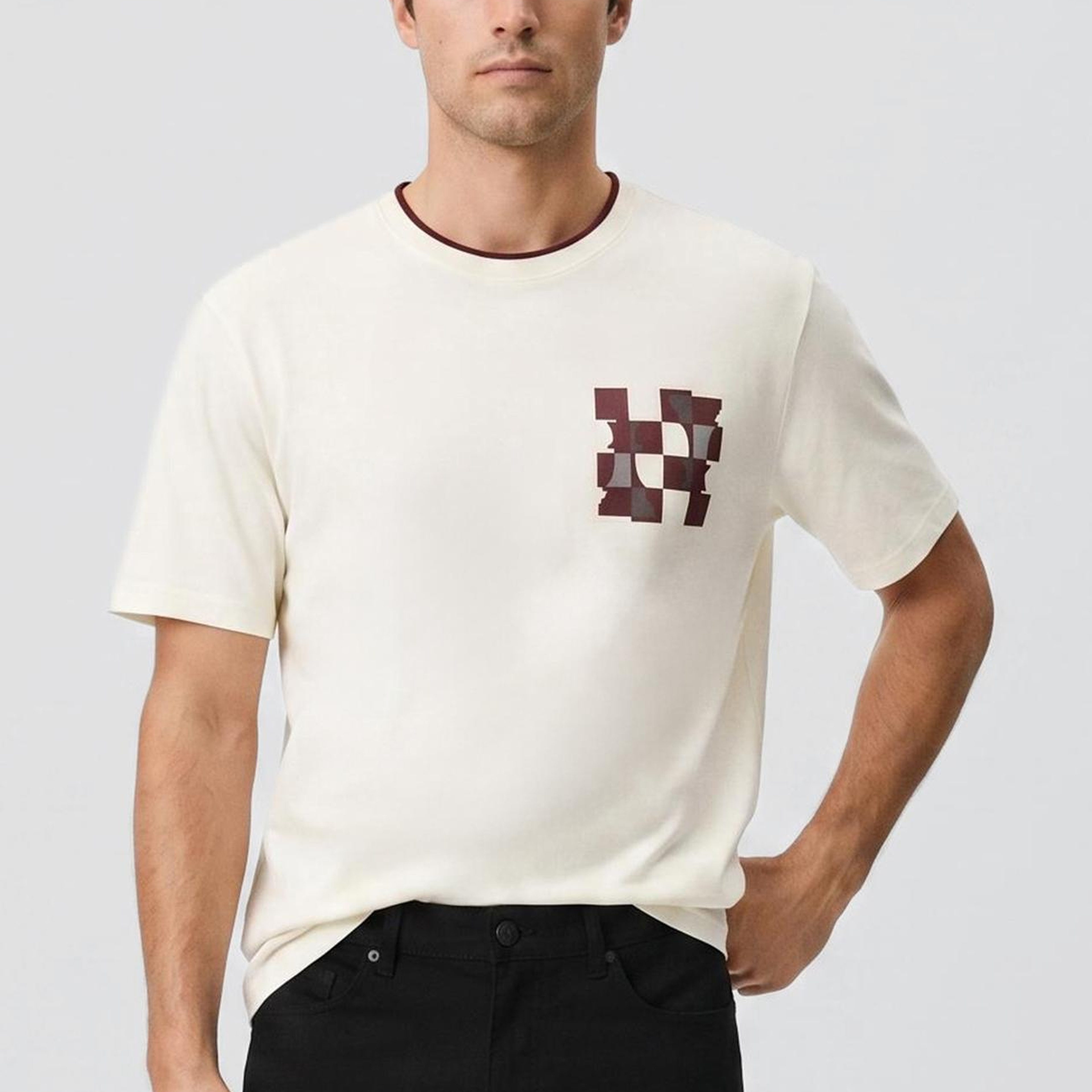 Network Erkek Kırık Beyaz Satranç Baskılı T-shirt