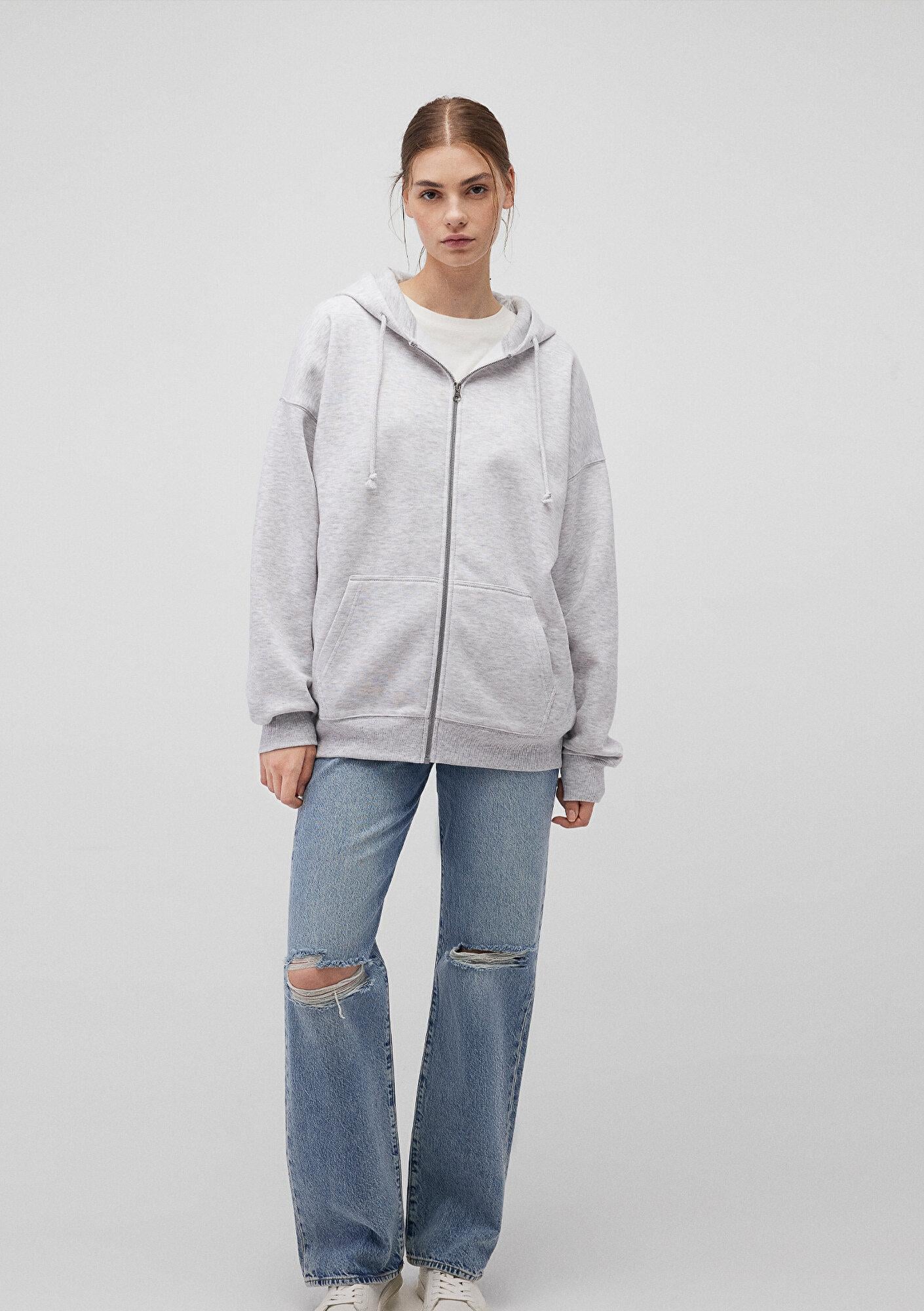 Mavi Kapüşonlu Fermuarlı Gri Sweatshirt 1610221-80196