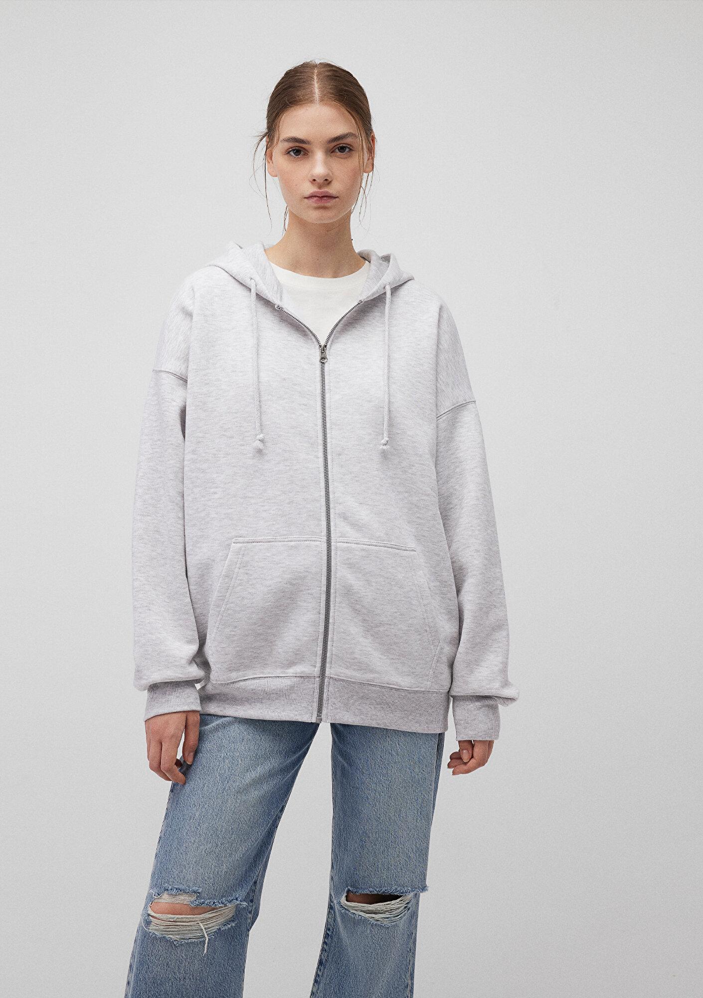 Mavi Kapüşonlu Fermuarlı Gri Sweatshirt 1610221-80196