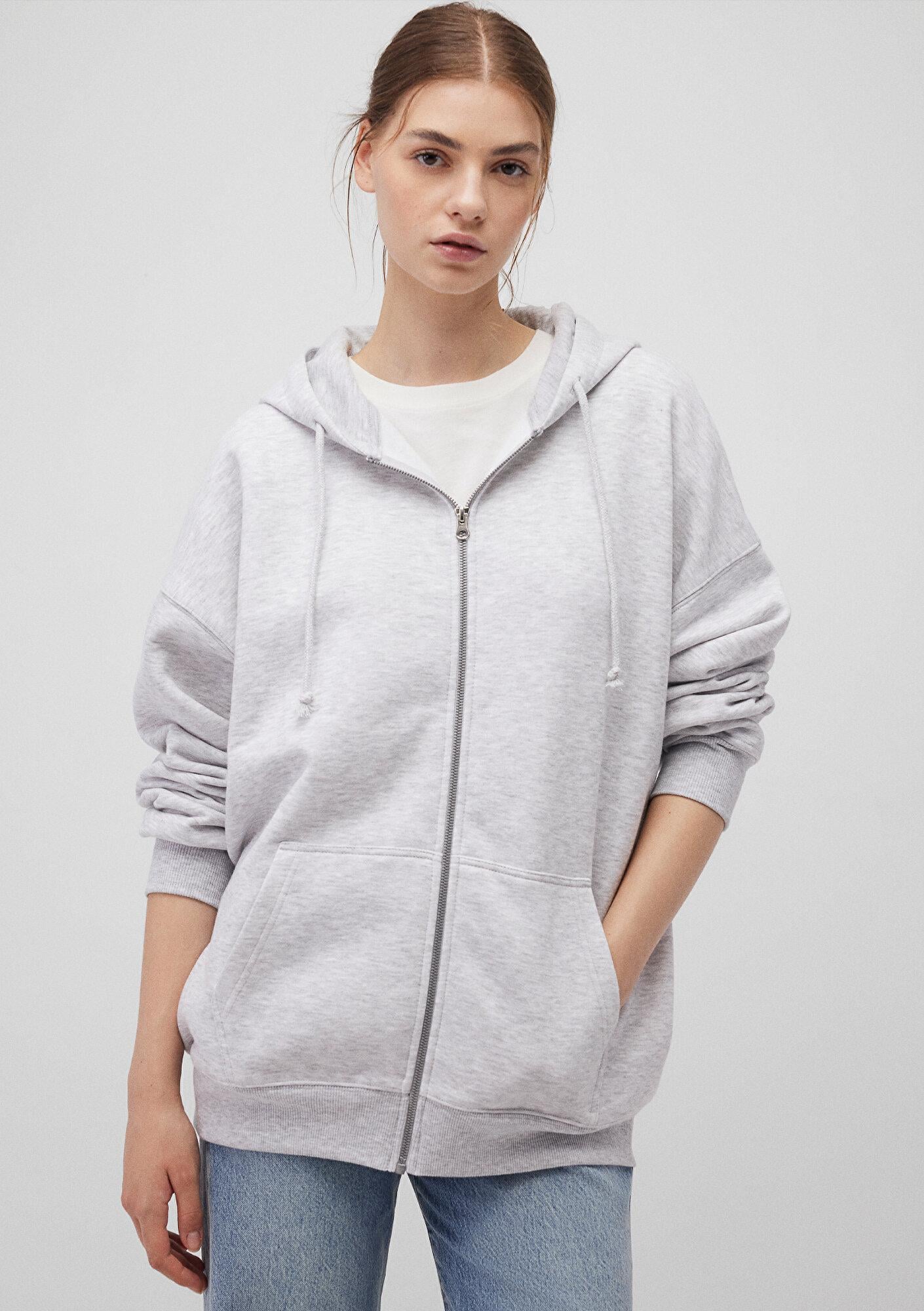Mavi Kapüşonlu Fermuarlı Gri Sweatshirt 1610221-80196
