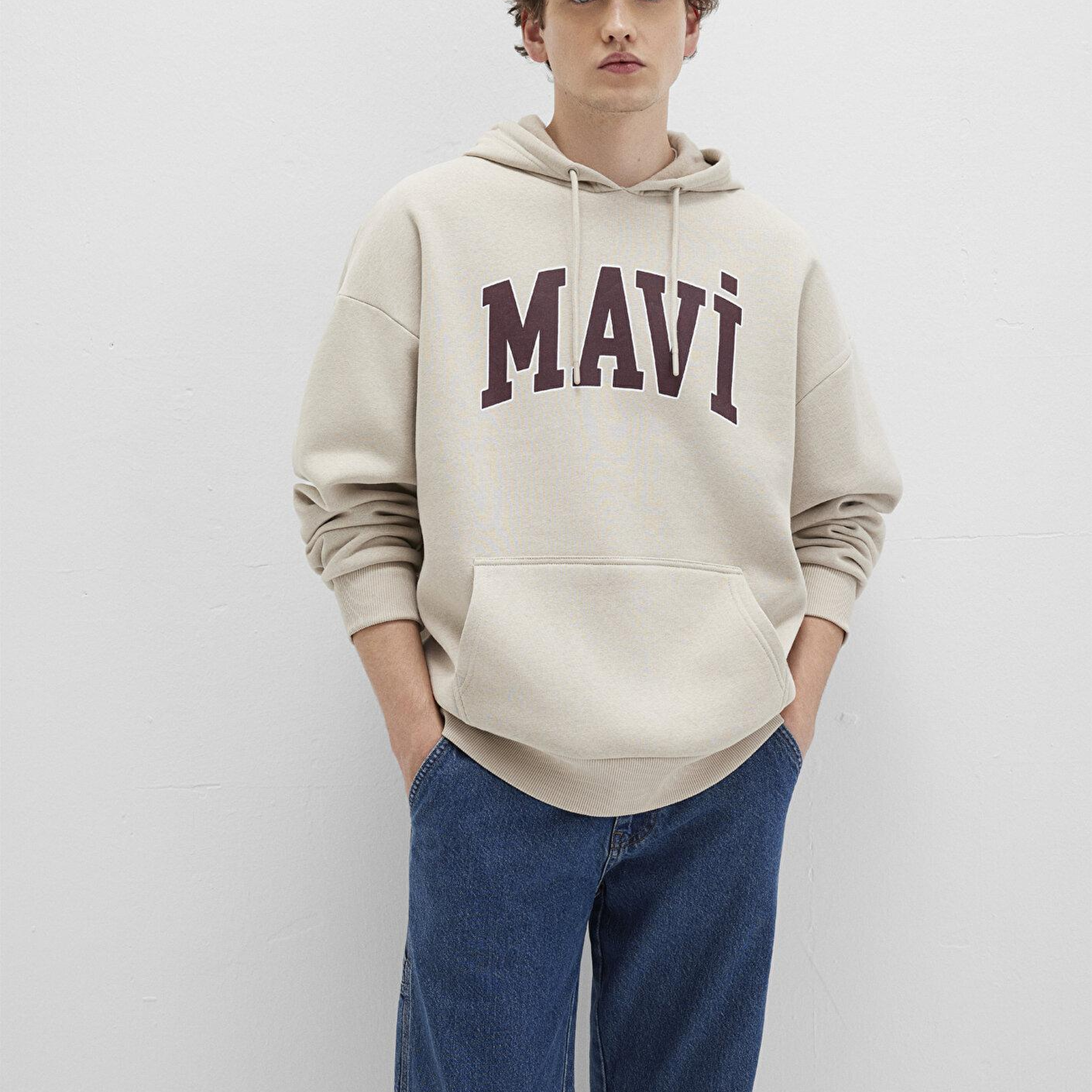 Mavi Mavi Logo Baskılı Kapüşonlu Bej Sweatshirt 067149-70004