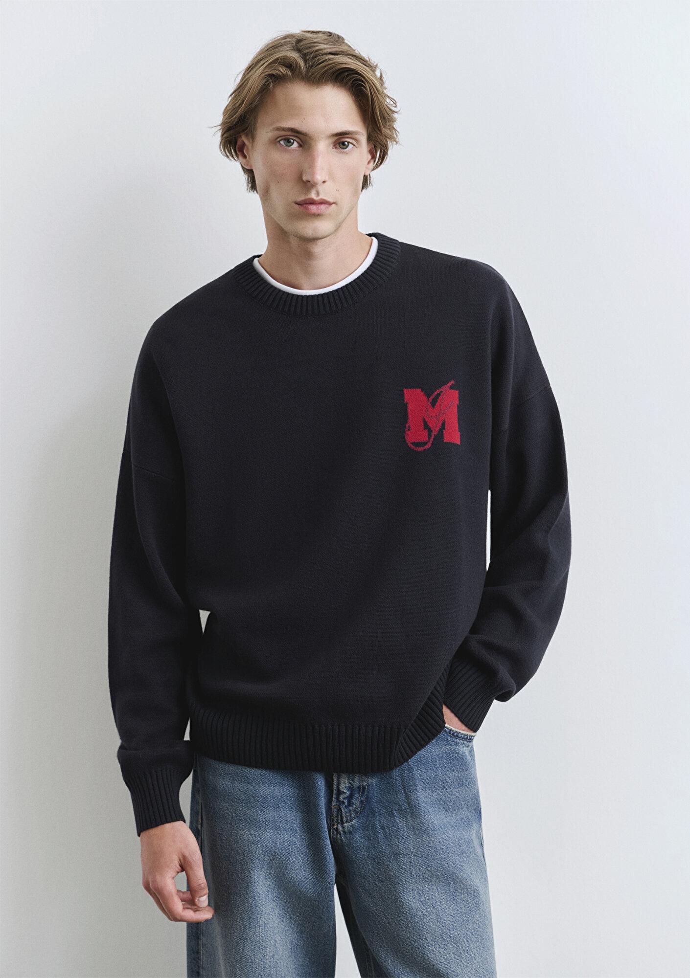 Mavi M Baskılı Lacivert Kazak Loose Fit / Bol Rahat Kesim 0710314-89353