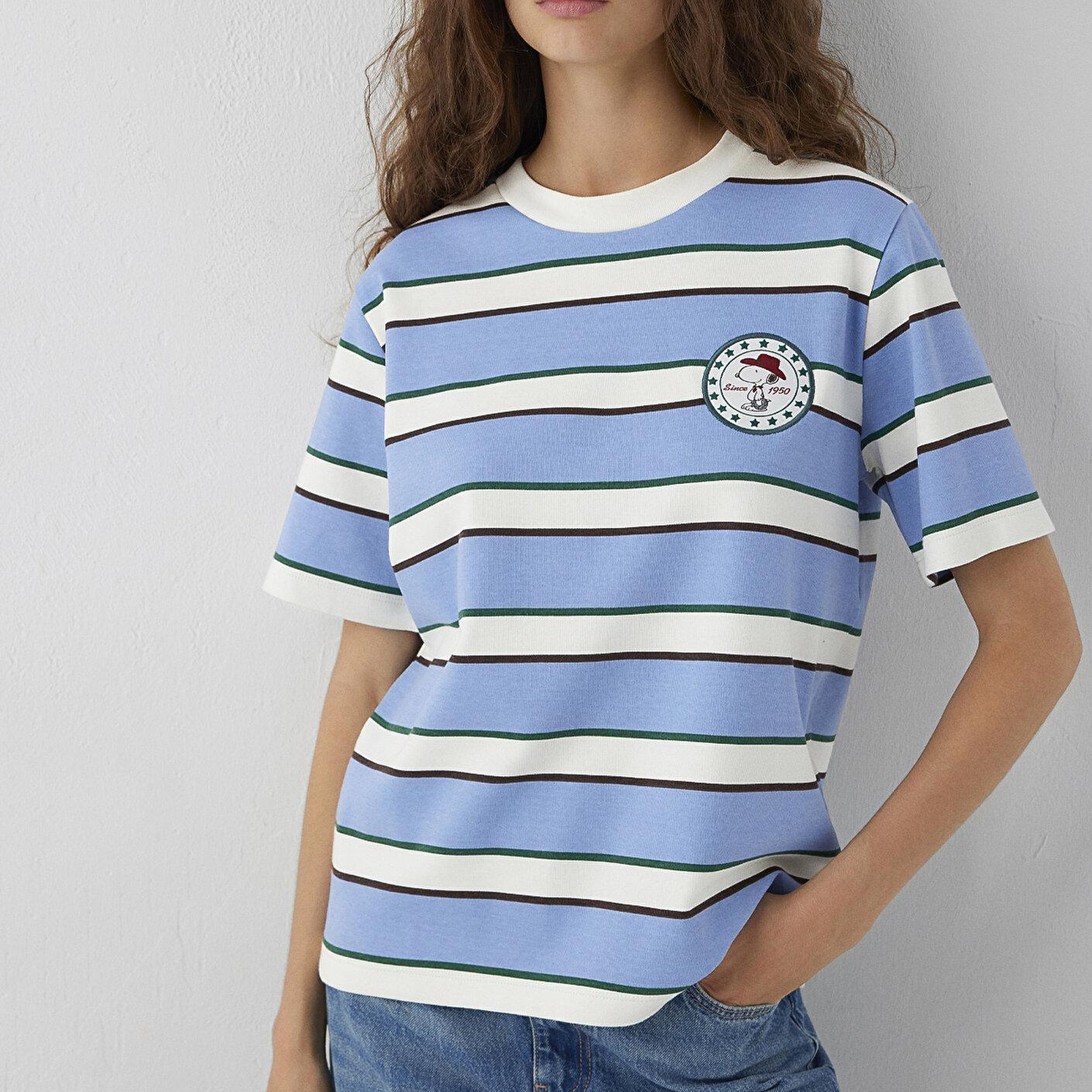 Mavi Mavi Çizgili Snoopy Baskılı Tişört Regular Fit / Normal Kesim 1614348-91747