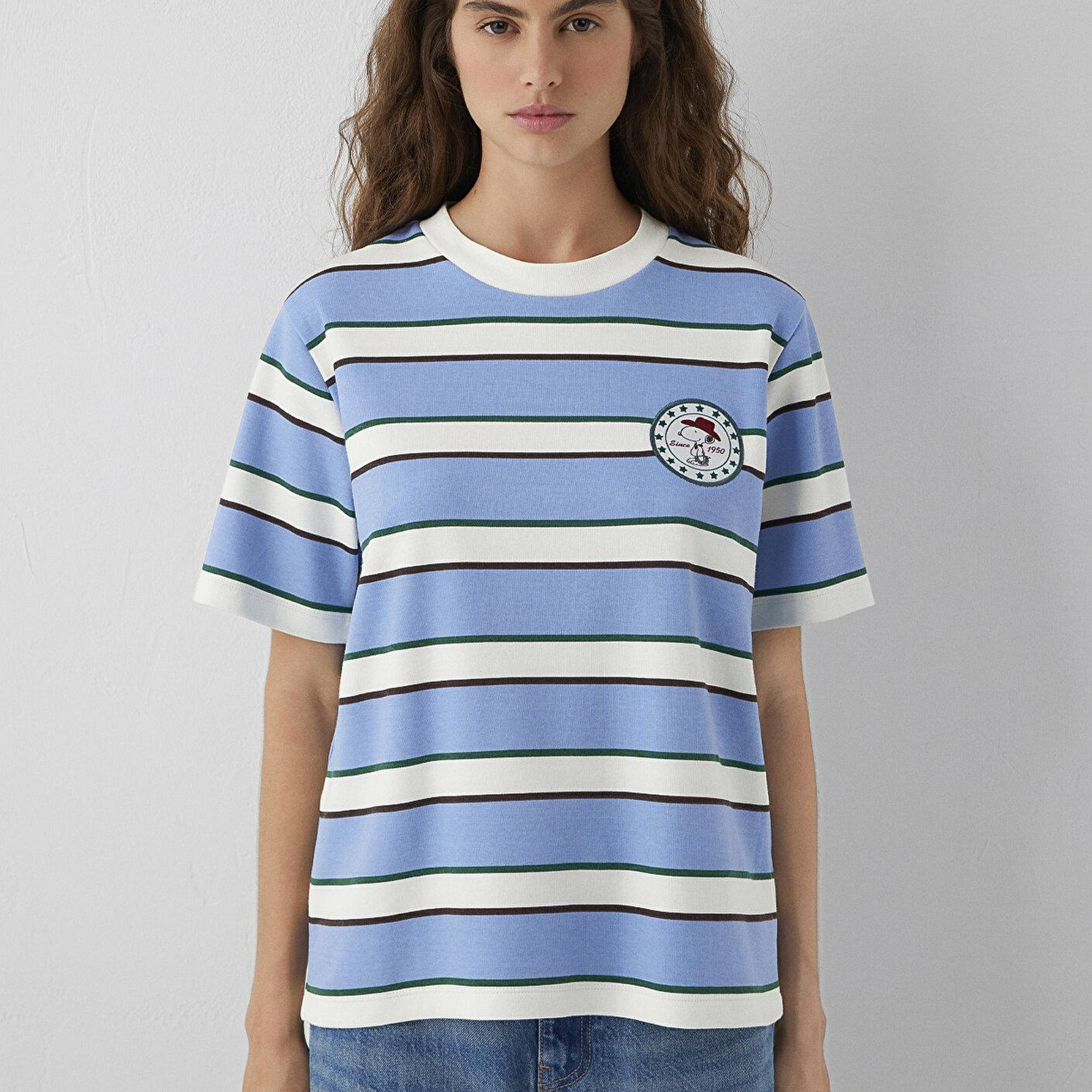 Mavi Mavi Çizgili Snoopy Baskılı Tişört Regular Fit / Normal Kesim 1614348-91747