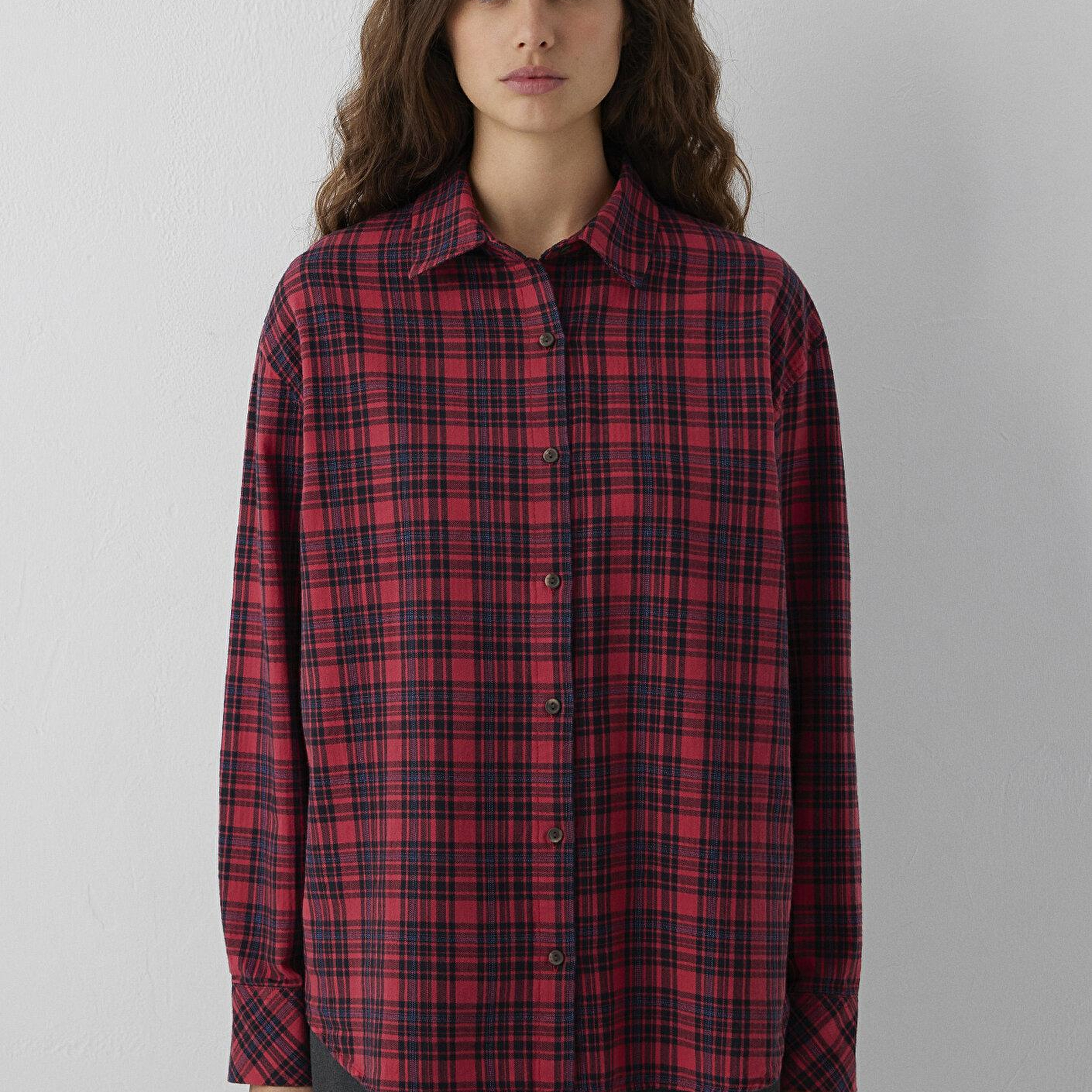 Mavi Kareli Kırmızı Gömlek Loose Fit / Bol Rahat Kesim 1211586-80120