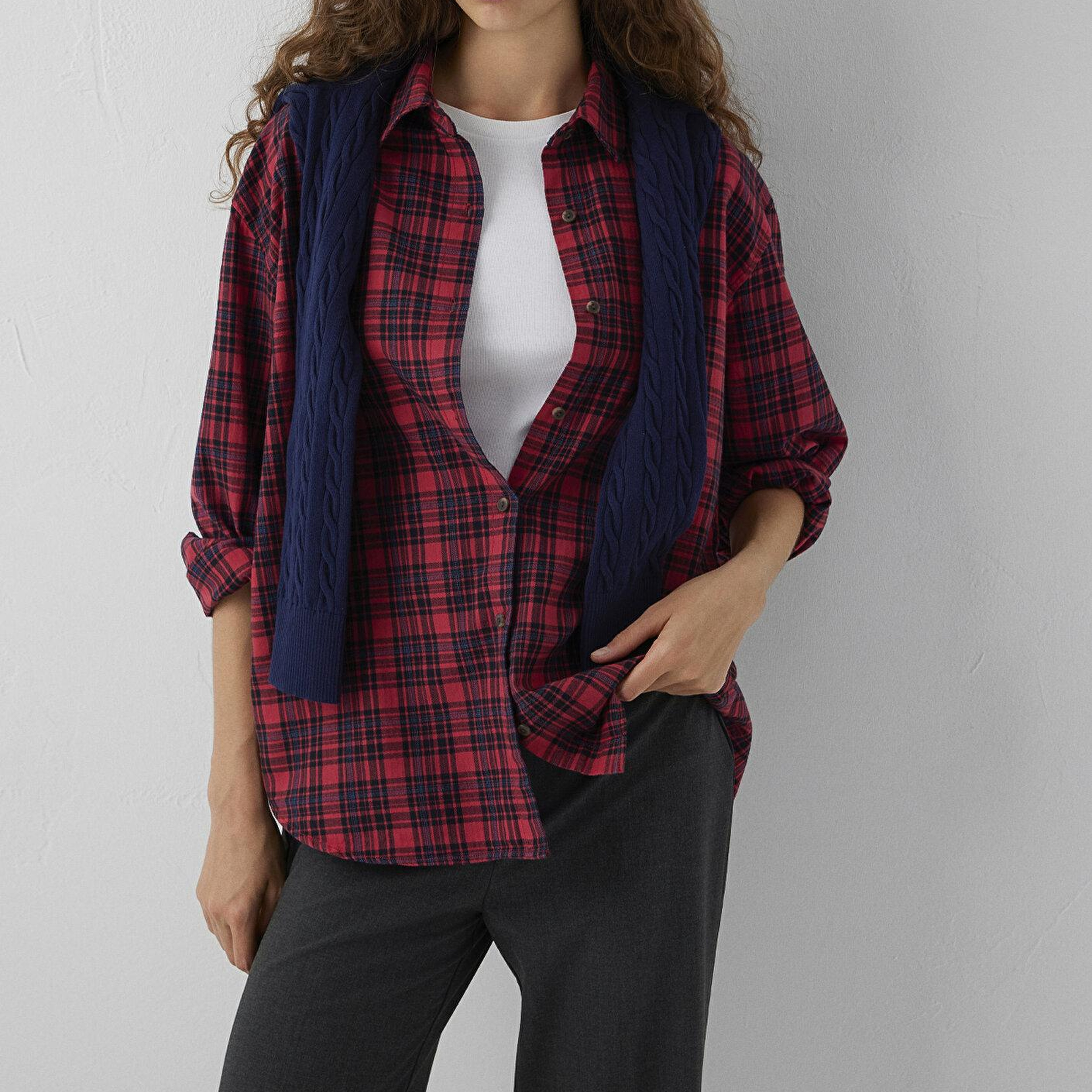Mavi Kareli Kırmızı Gömlek Loose Fit / Bol Rahat Kesim 1211586-80120