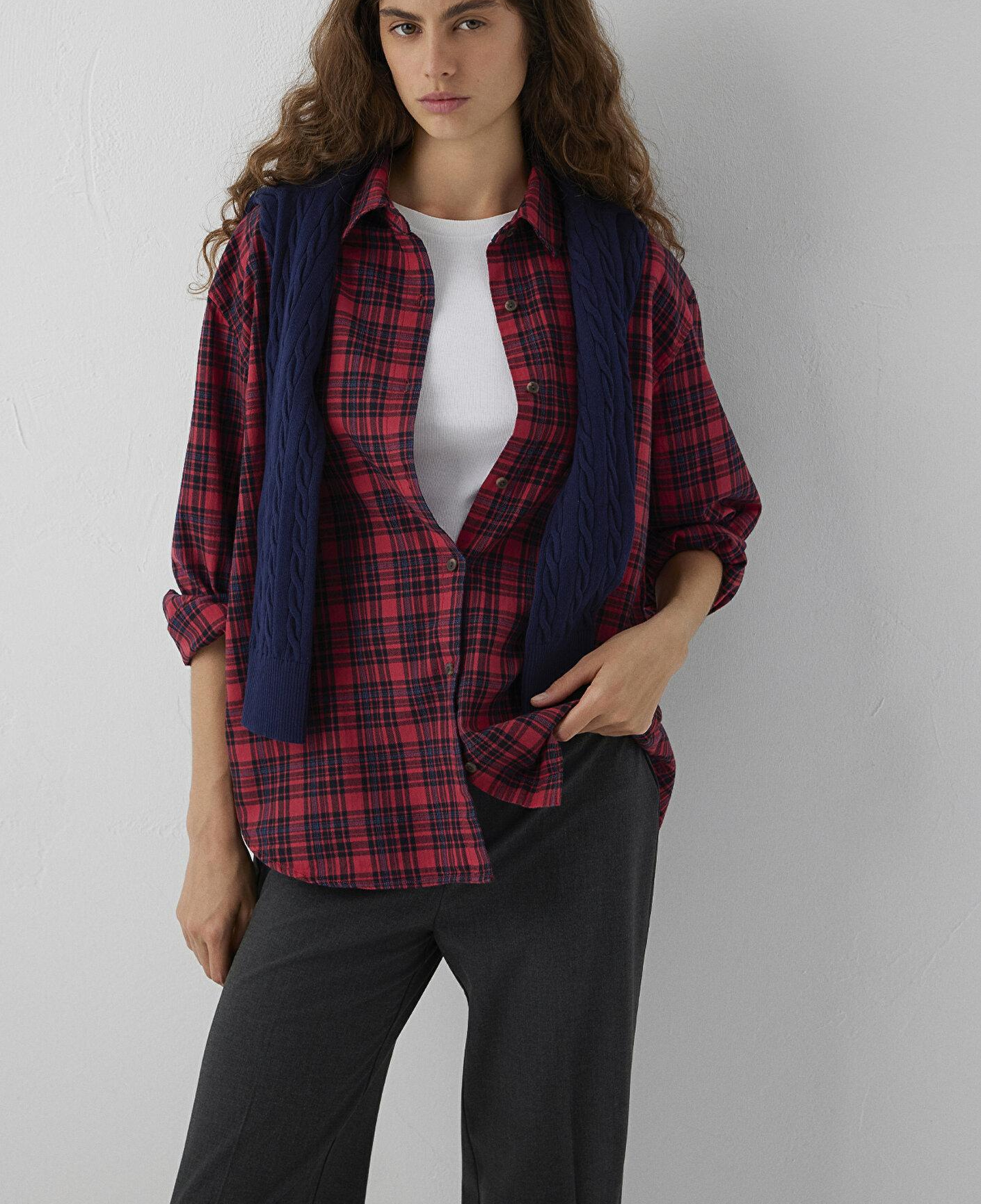 Mavi Kareli Kırmızı Gömlek Loose Fit / Bol Rahat Kesim 1211586-80120