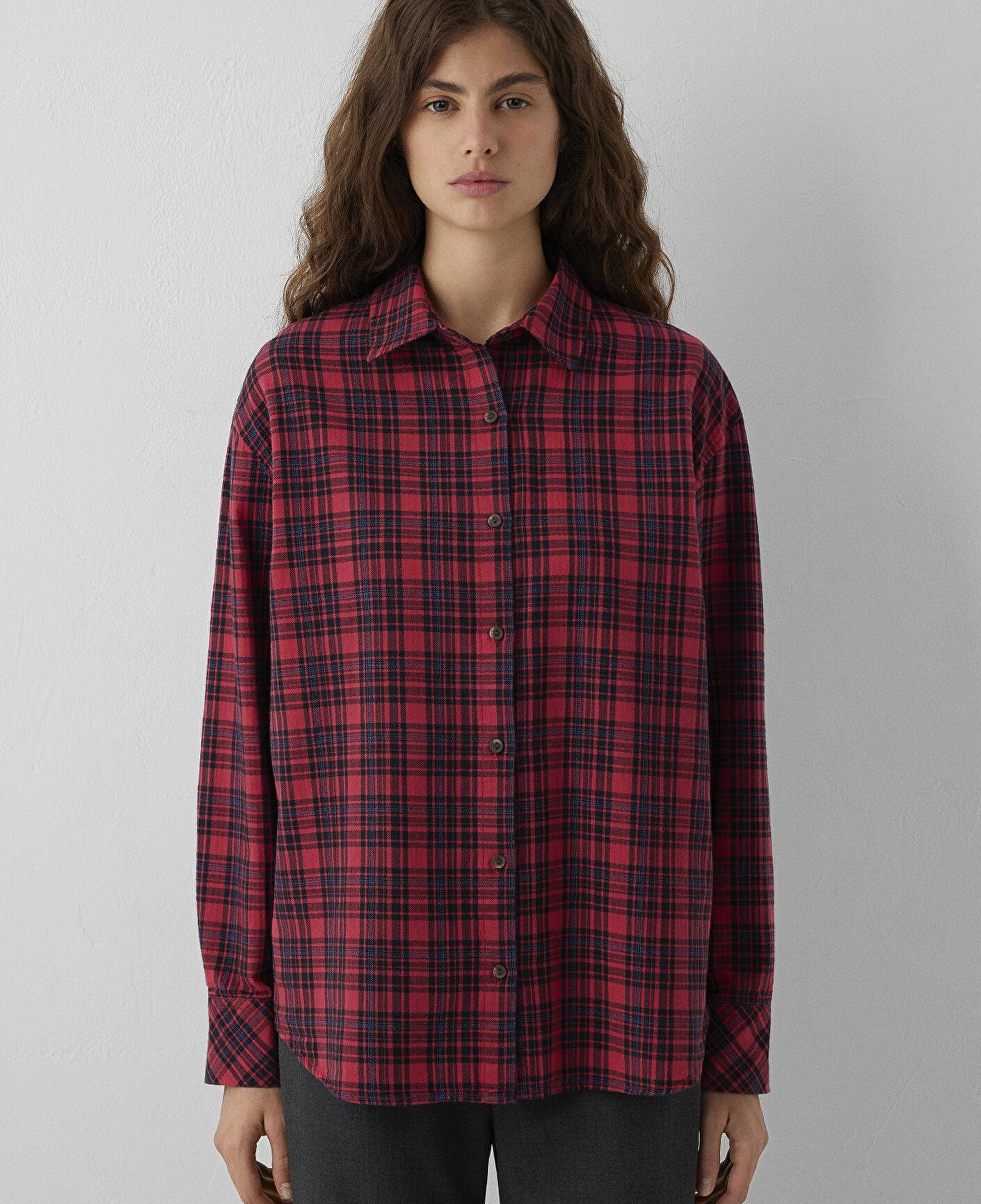 Mavi Kareli Kırmızı Gömlek Loose Fit / Bol Rahat Kesim 1211586-80120