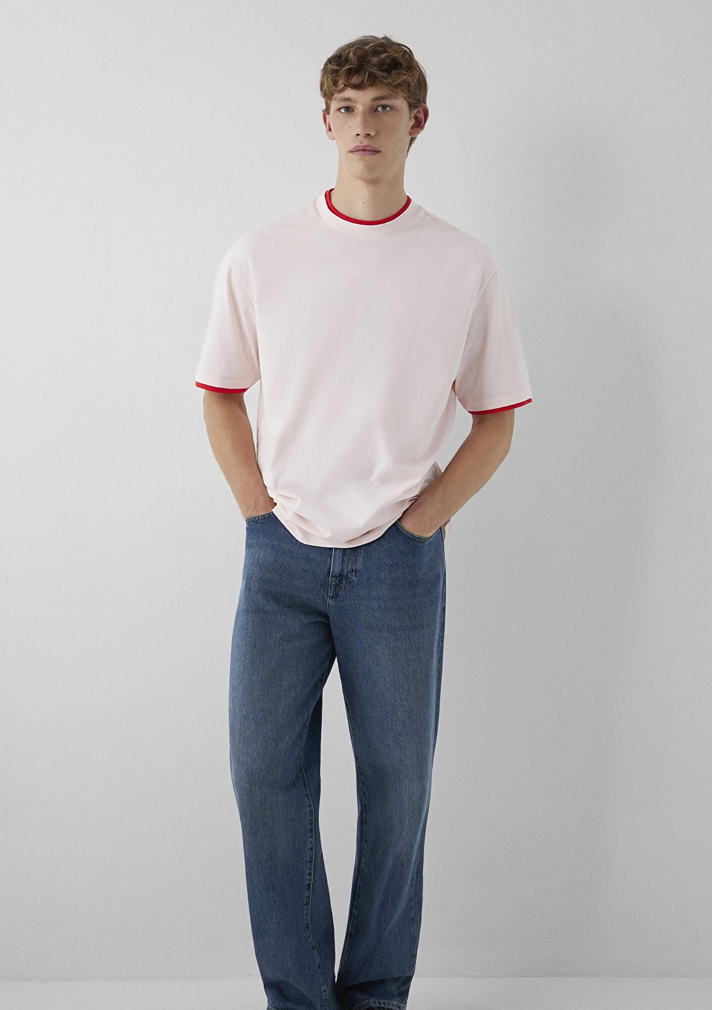 Mavi Biye Detaylı Pembe Tişört Loose Fit / Bol Rahat Kesim 0620174-70998