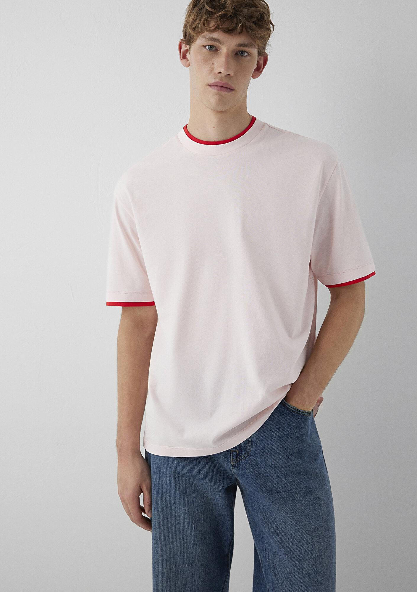 Mavi Biye Detaylı Pembe Tişört Loose Fit / Bol Rahat Kesim 0620174-70998