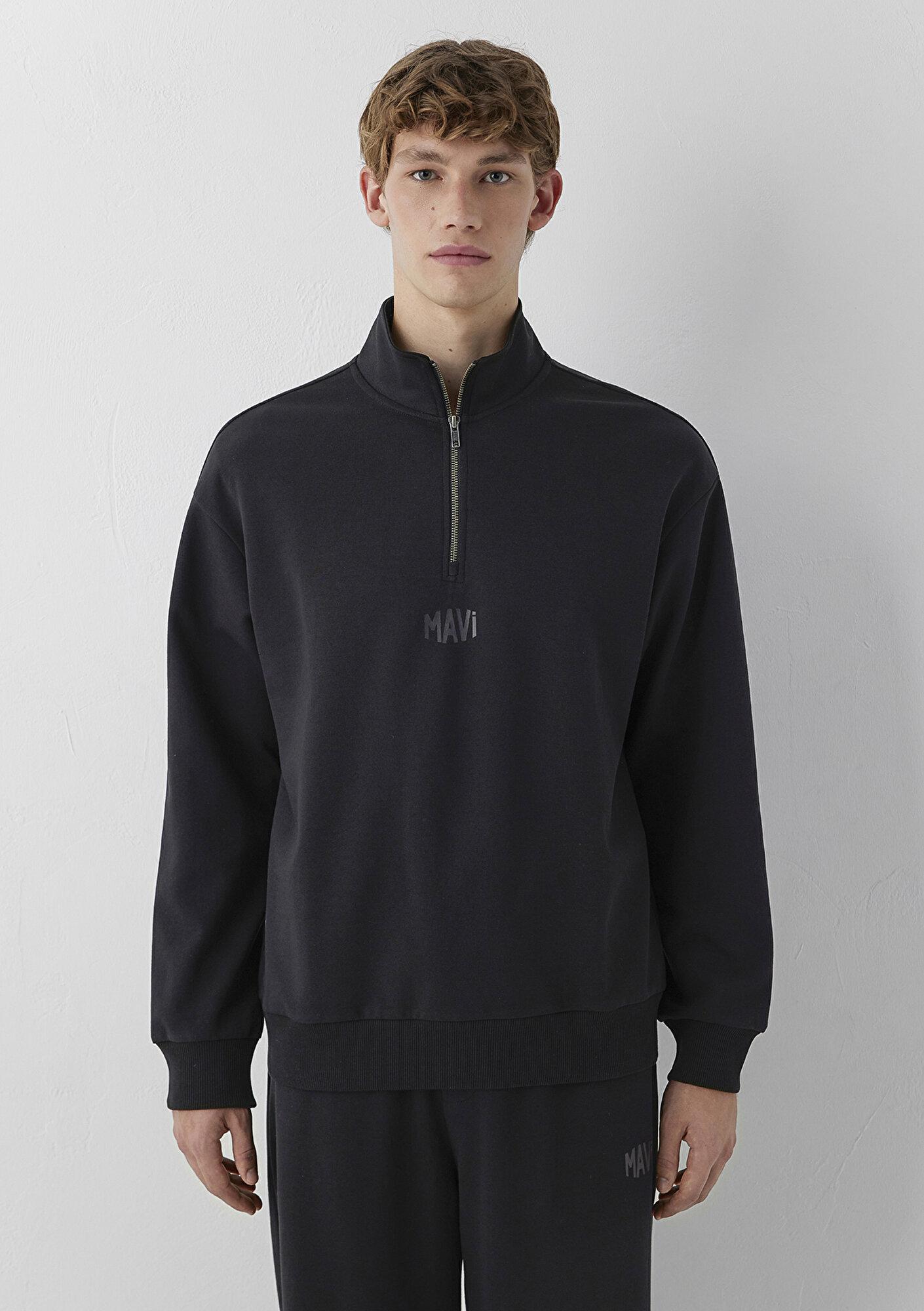 Mavi Mavi Logo Baskılı Yarı Fermuarlı Siyah Sweatshirt 0S10681-900