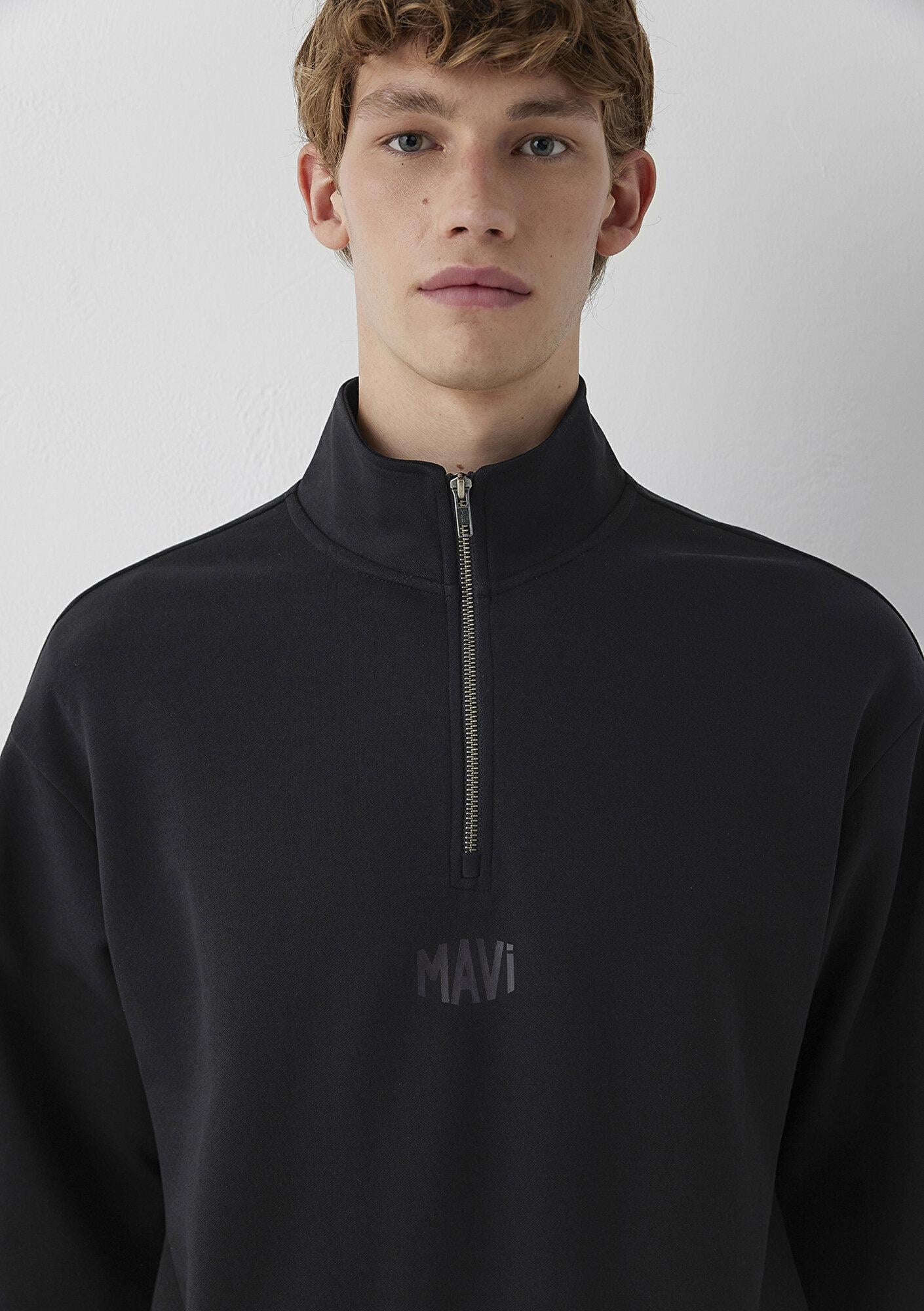 Mavi Mavi Logo Baskılı Yarı Fermuarlı Siyah Sweatshirt 0S10681-900