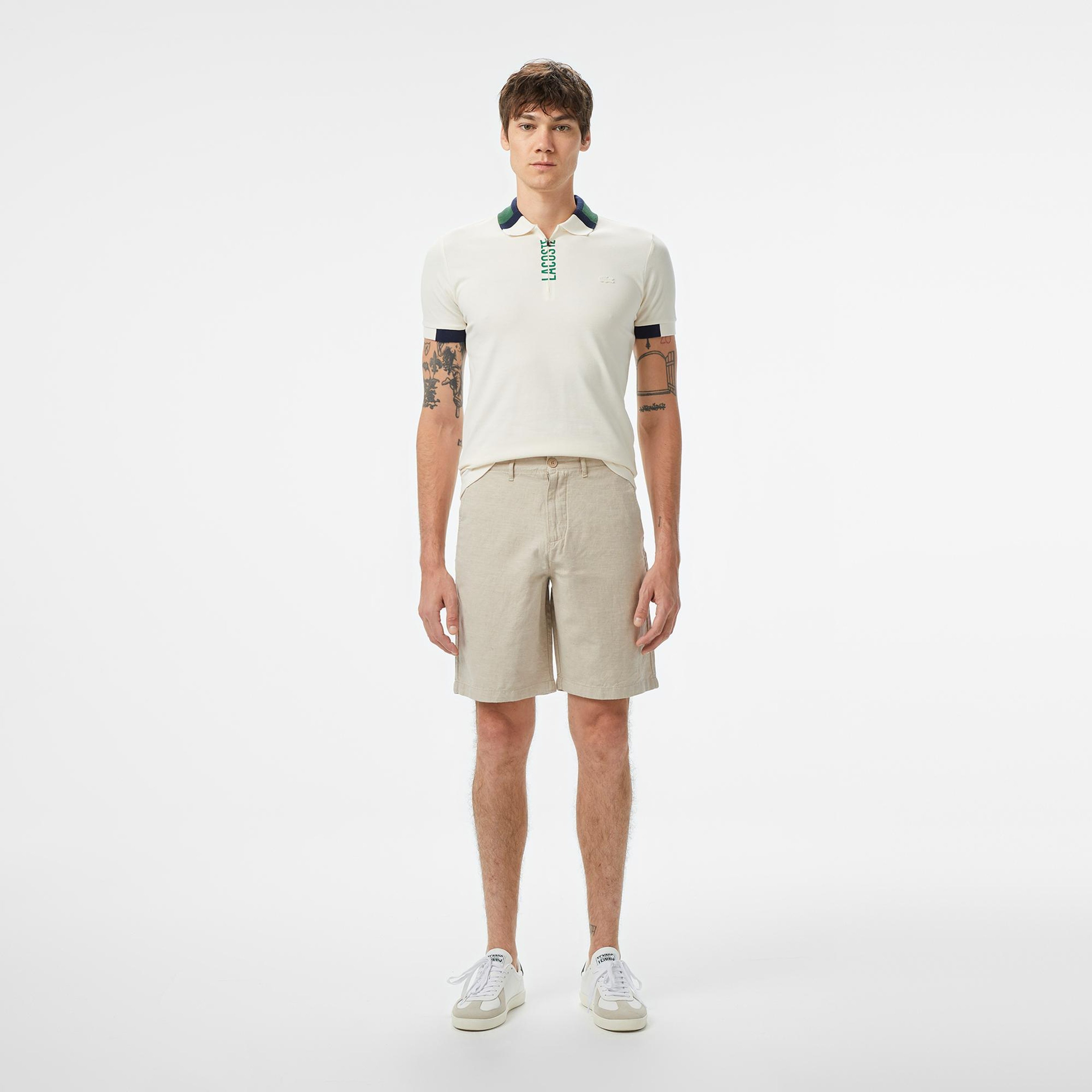 Erkek Slim Fit Bej Keten Karışımlı Bermuda Şort
