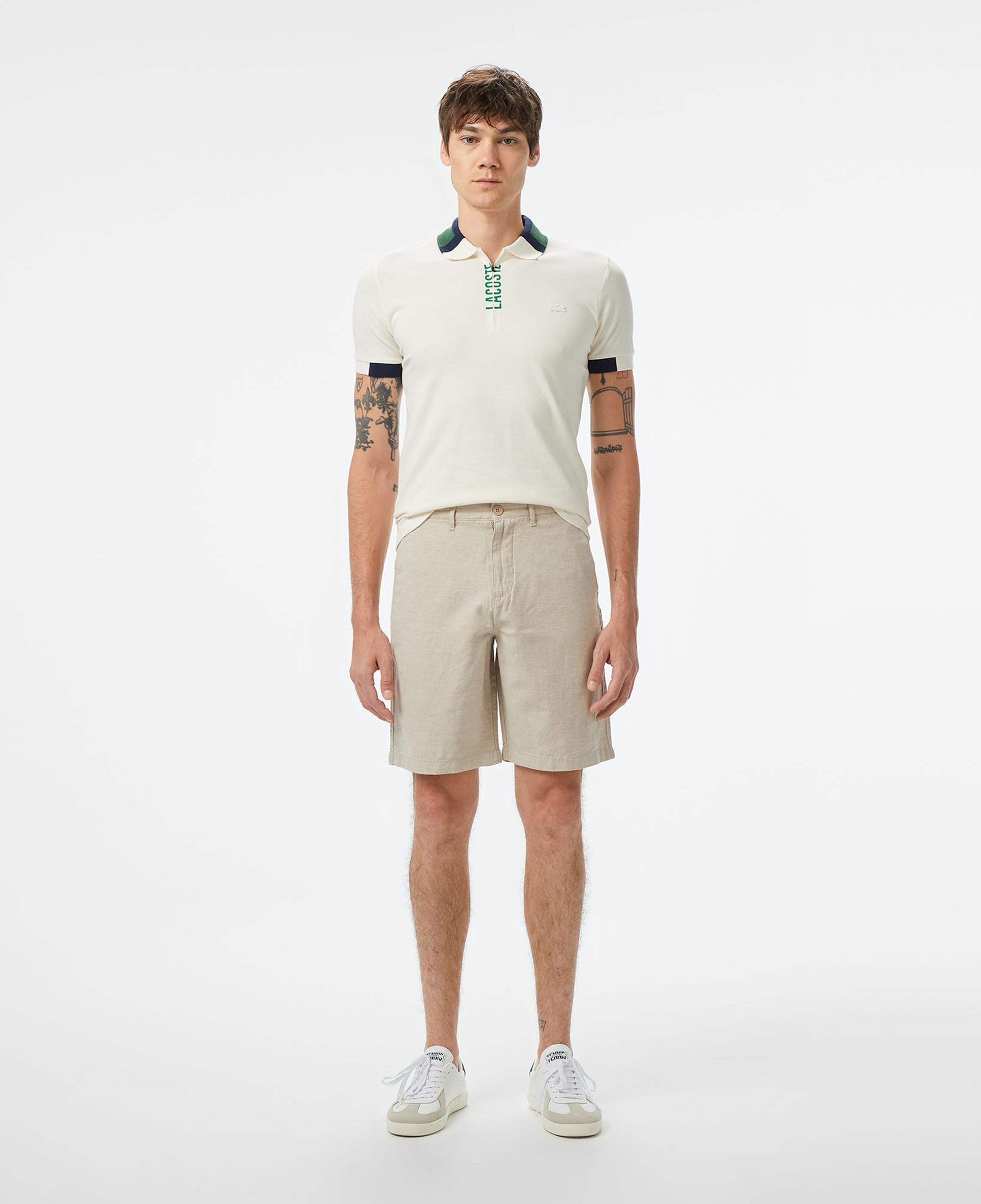 Erkek Slim Fit Bej Keten Karışımlı Bermuda Şort
