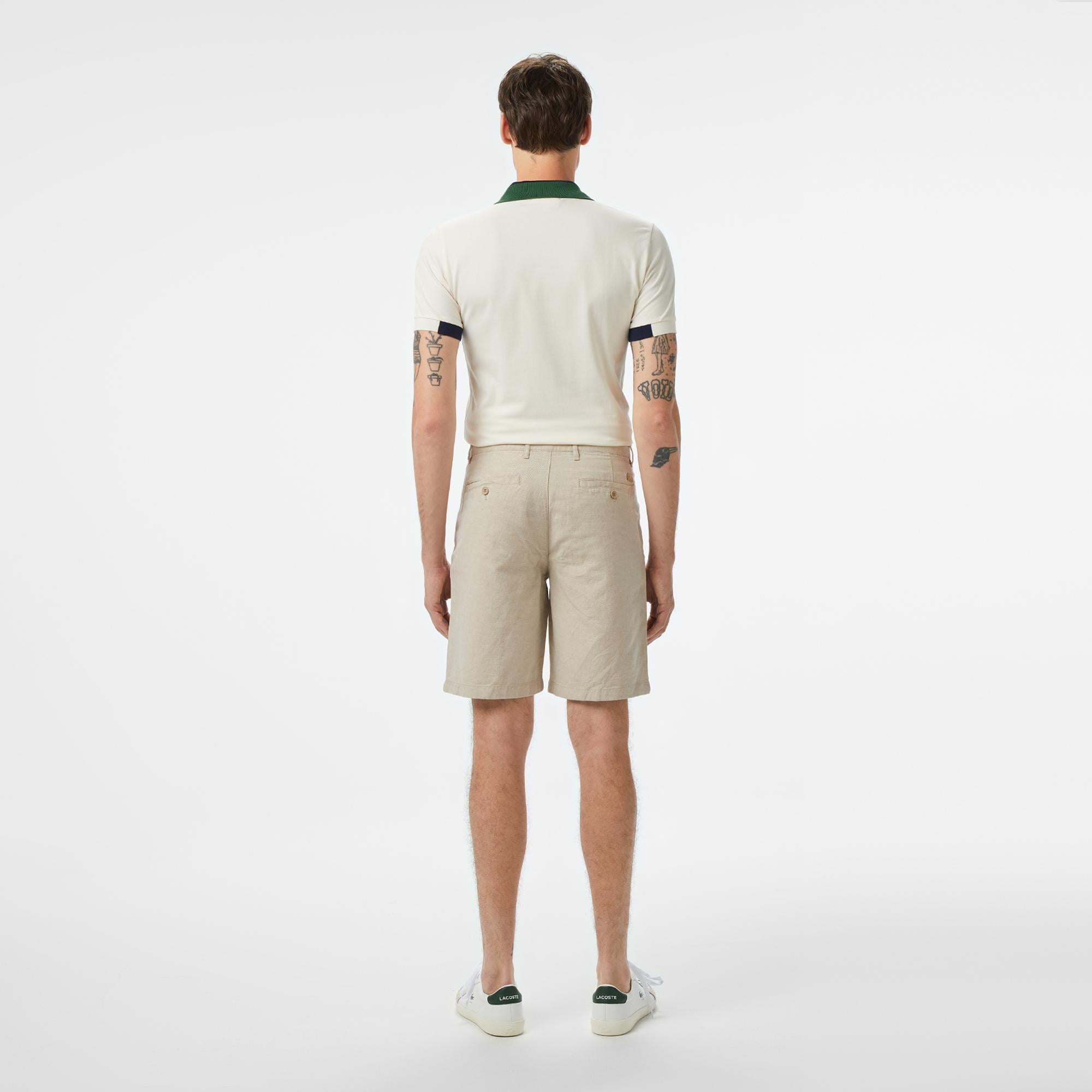 Erkek Slim Fit Bej Keten Karışımlı Bermuda Şort