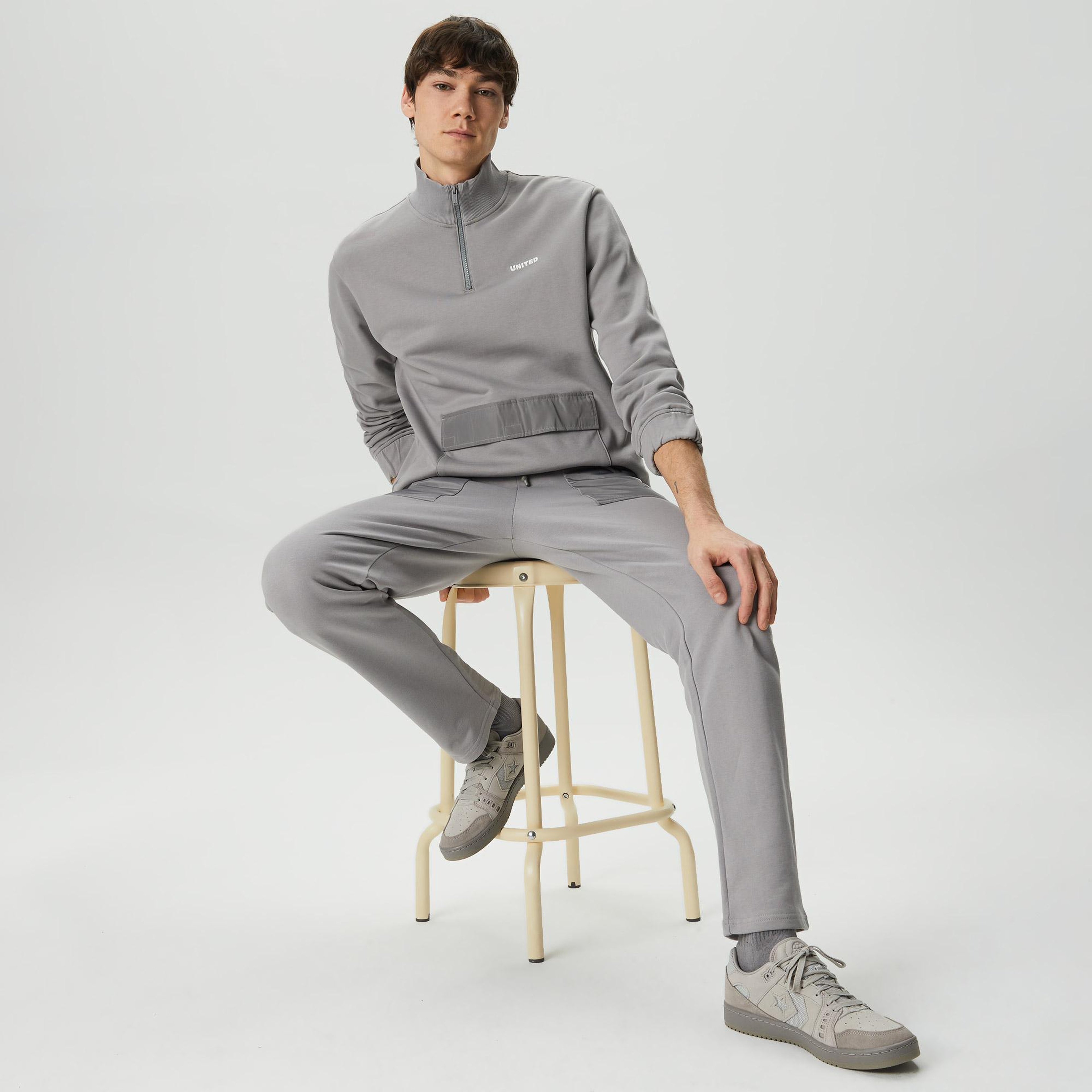 United4 Half Zip Peluş Erkek Gri Sweatshirt