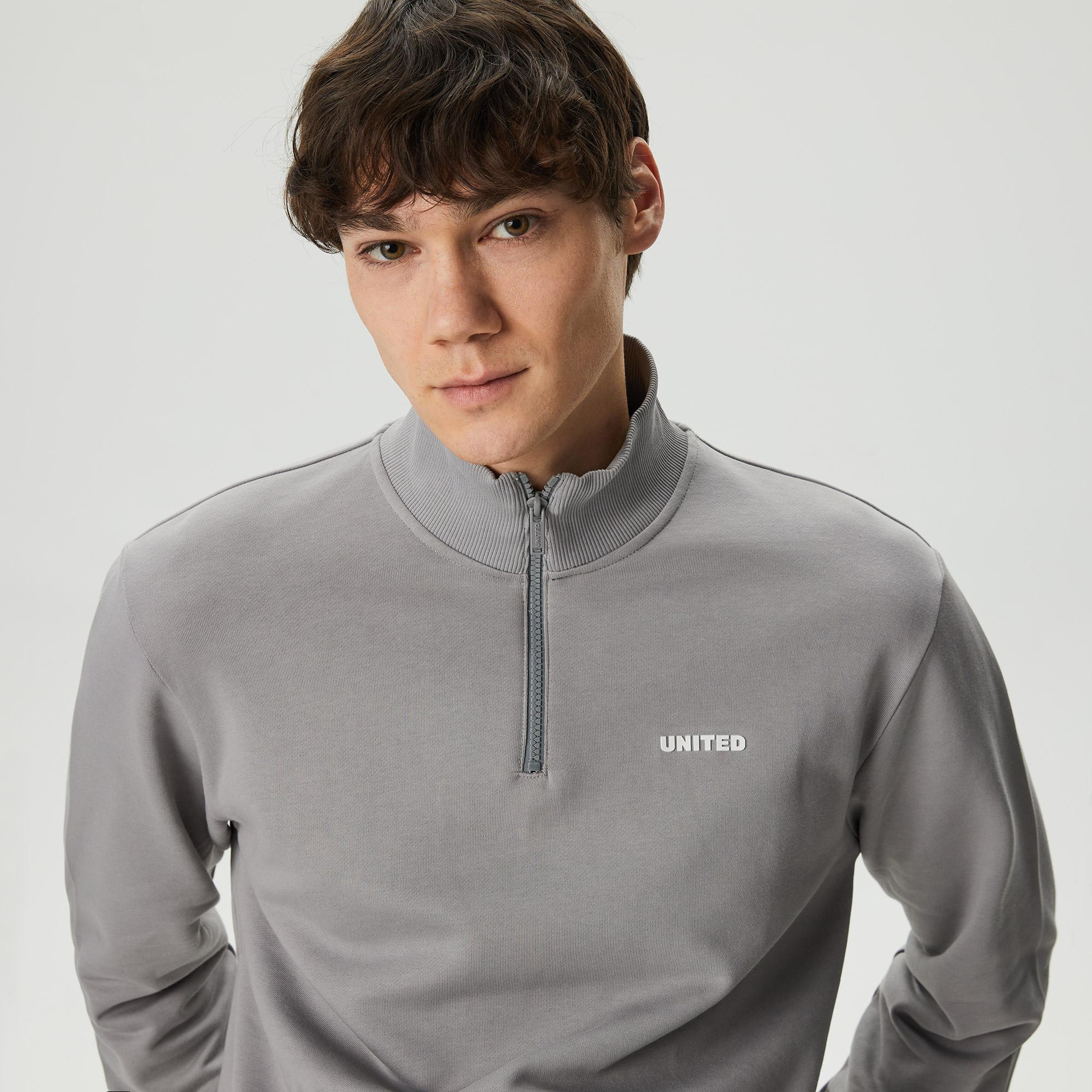 United4 Half Zip Peluş Erkek Gri Sweatshirt