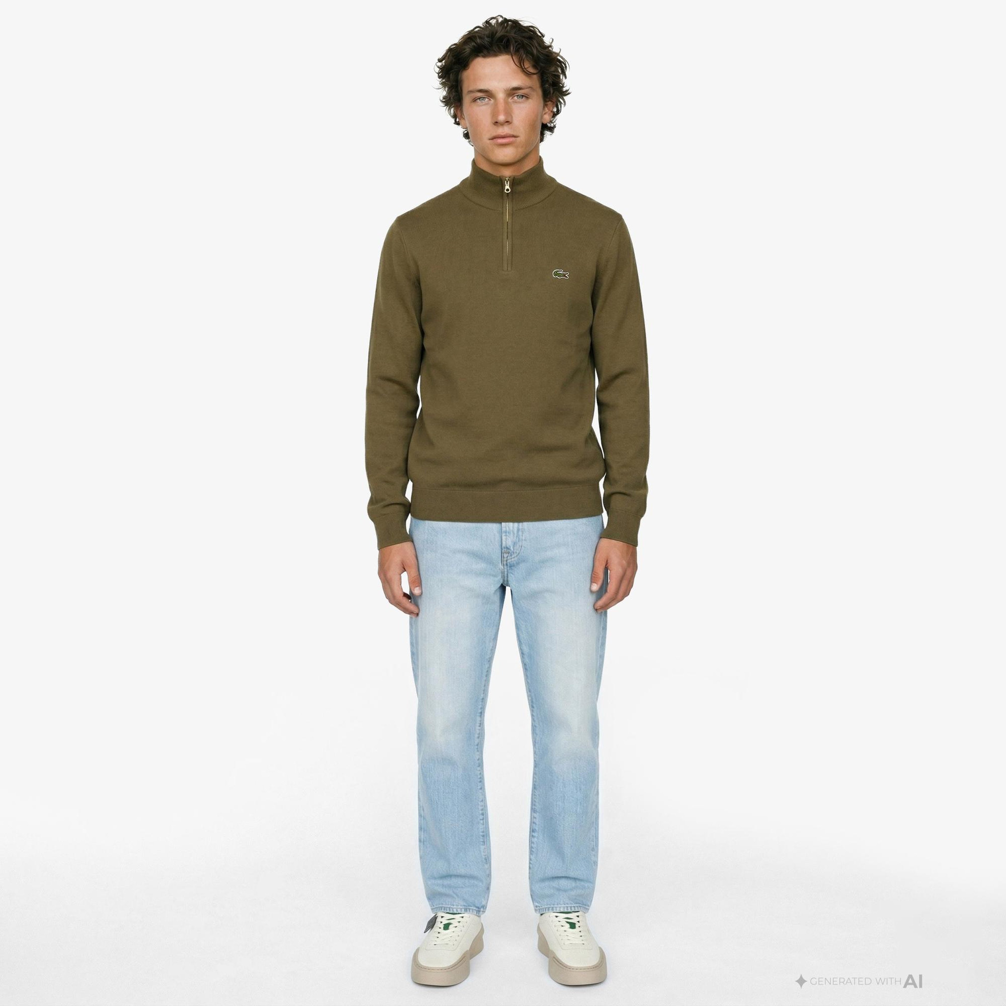 Lacoste Erkek Regular Fit Yarım Fermuarlı Haki Kazak
