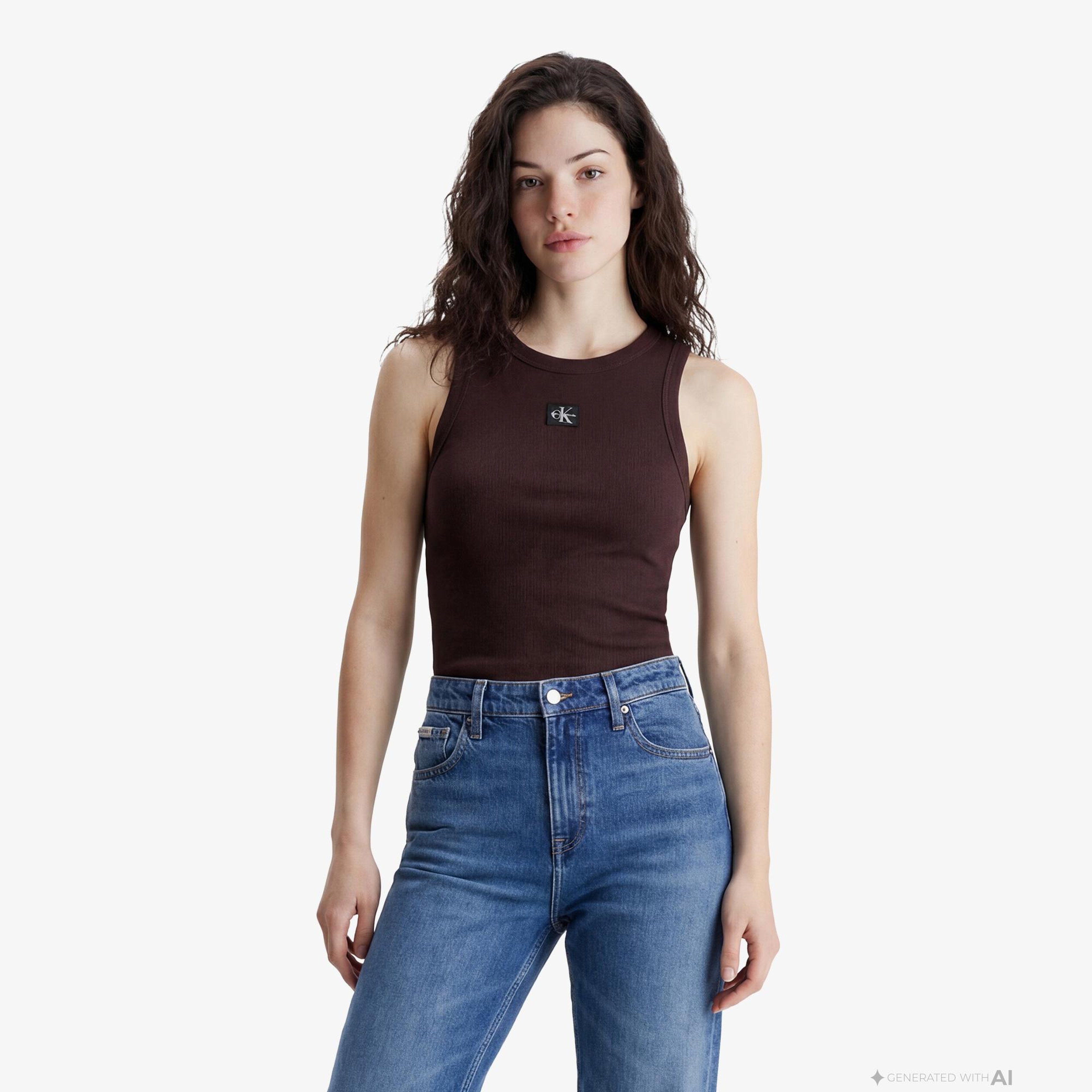 Calvin Klein Woven Label 2X2 Baby Rib Kadın Kahverengi Kolsuz T-Shirt