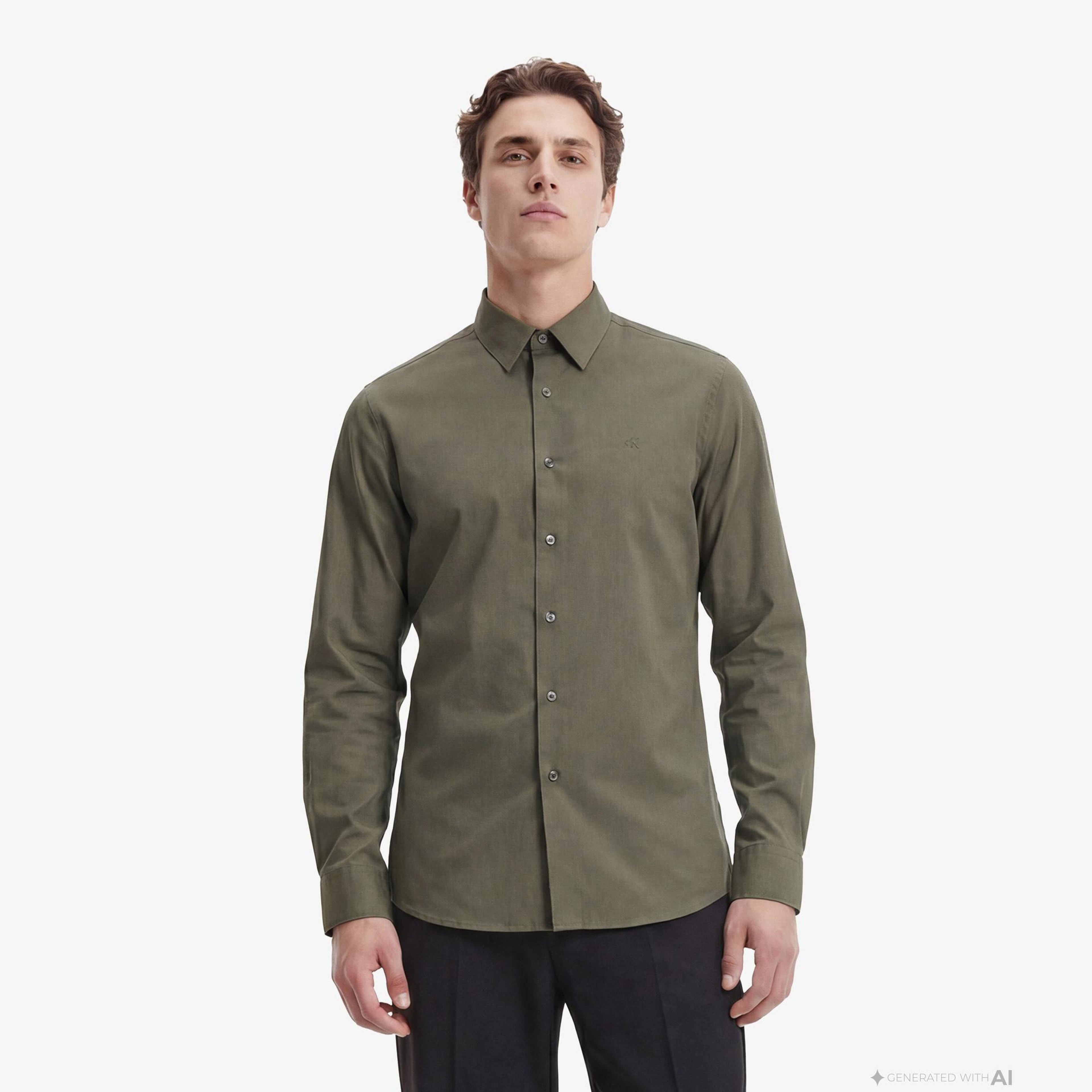 Calvin Klein Solid Stretch Classic Erkek Haki Gömlek