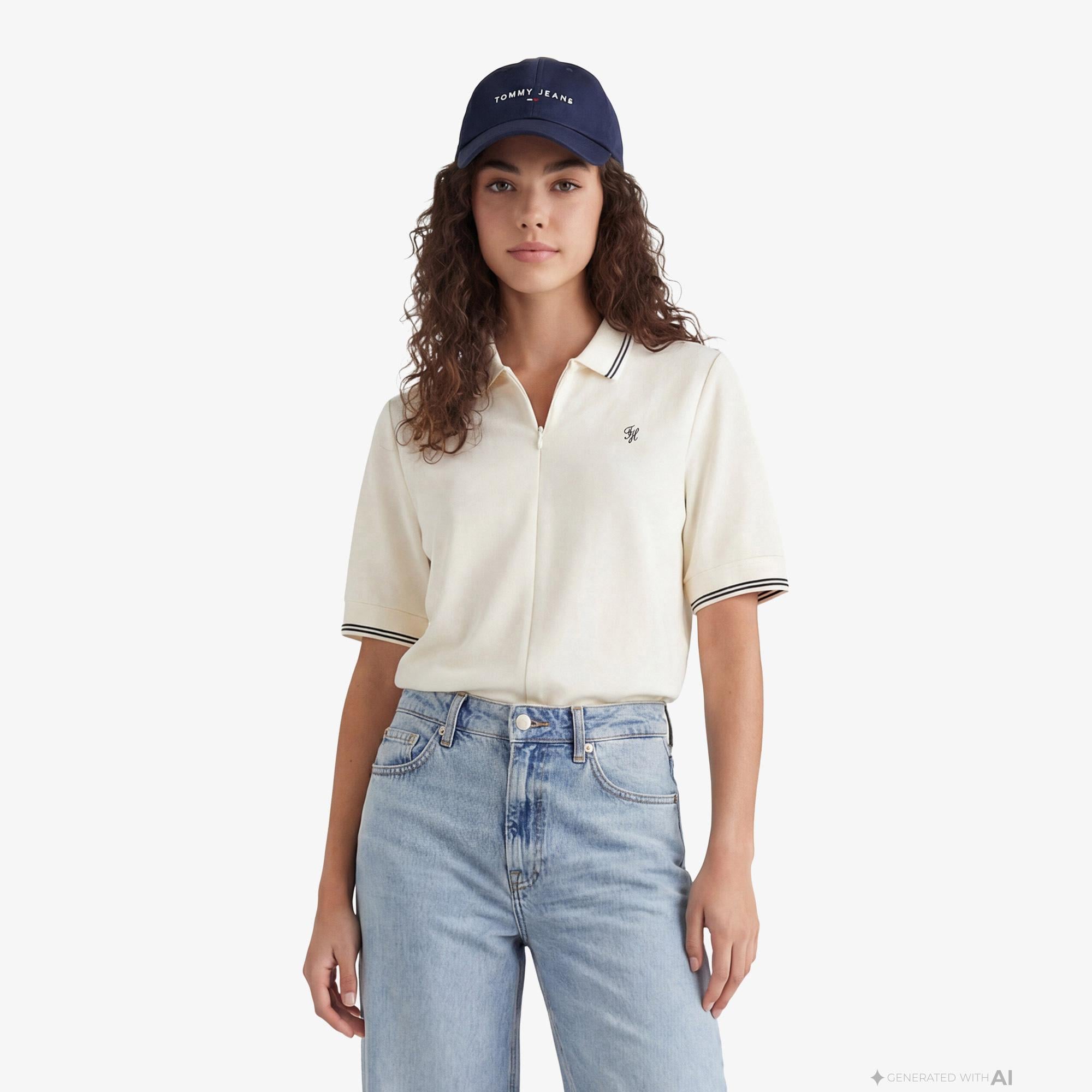 Tommy Hilfiger Script Liyosel Kadın Bej Polo Yaka T-Shirt